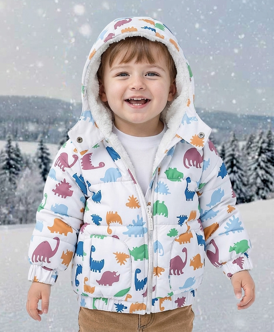 Babyoye Woven Full Sleeves Hooded Padded Jacket With Dino Print - White-picture-21