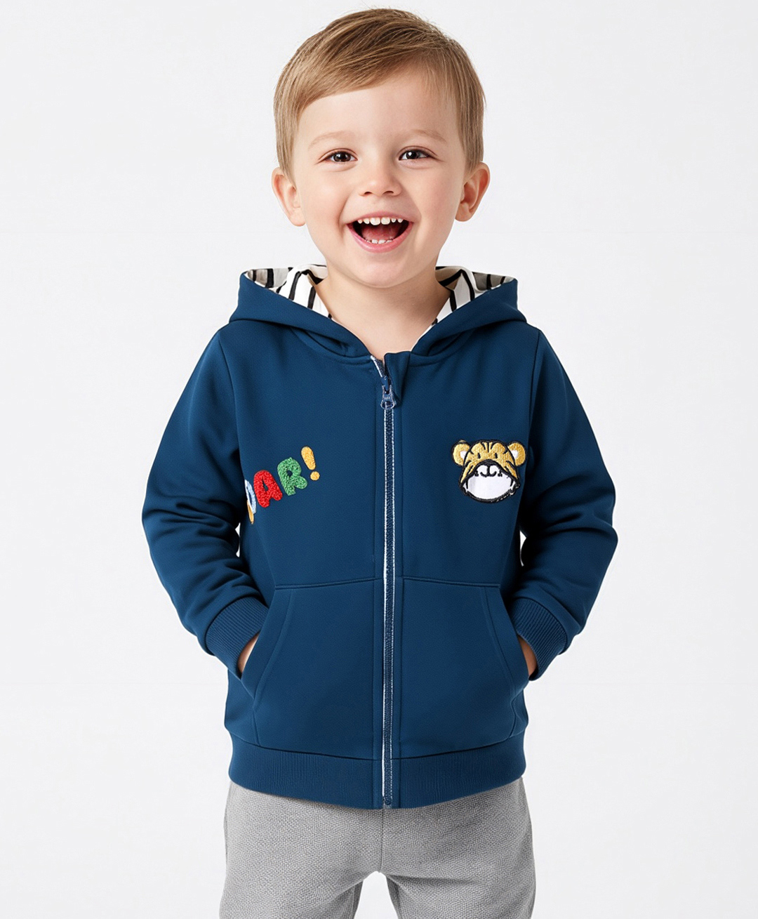 Bonfino 100% Cotton Fleece Knit Full Sleeves Hooded Sweatjacket With Tiger & Text Embroidery & Kangaroo Pockets - Navy Blue-picture-46