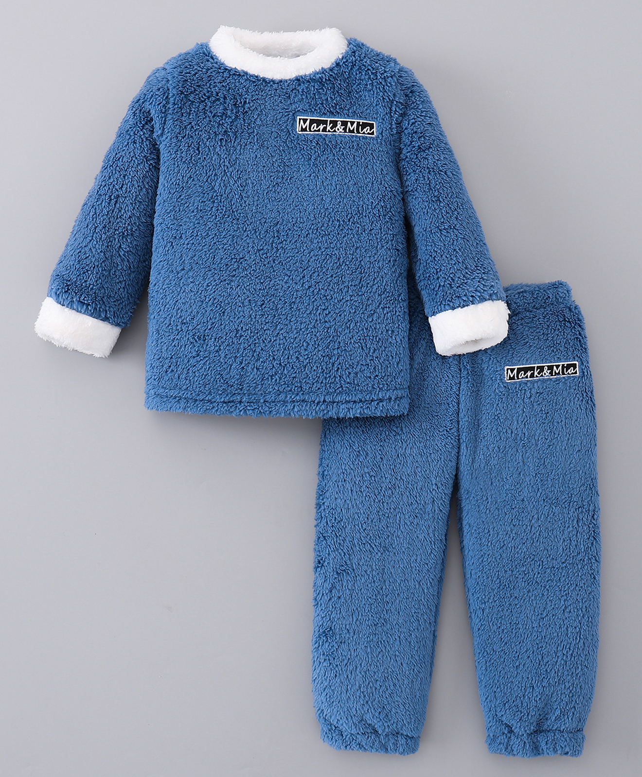 Mark & Mia Full Sleeves Solid Color Fur Winter Wear Night Suit - Navy Blue-picture-29