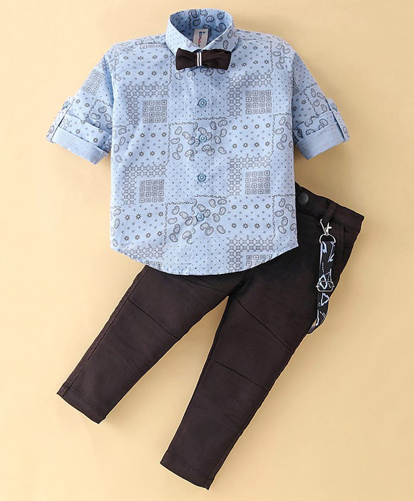 Dapper Dudes Full Sleeves Paisley Printed Shirt With Suspender Bow & Pant Set - Blue-picture-10