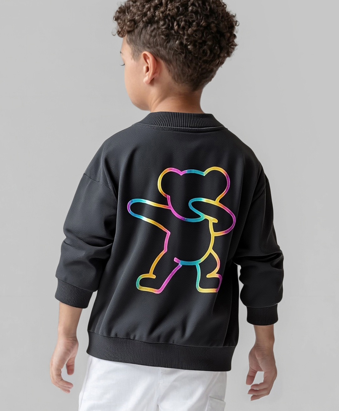 Bonfino 100% Cotton Fleece Knit Full Sleeves Bomber Jacket With Teddy Bear Holographic Print - Charcoal Grey-image-11