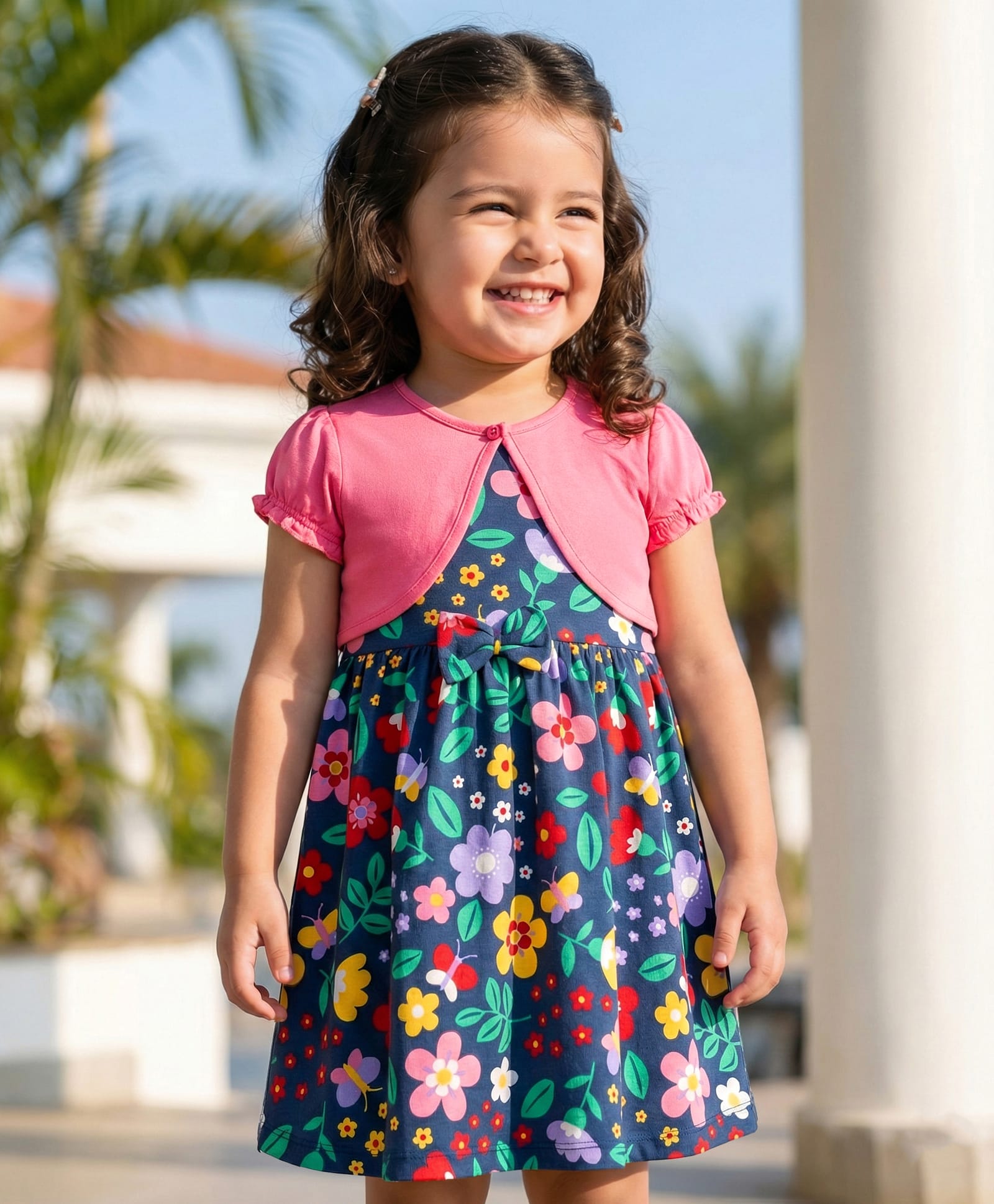 Babyhug Single Jersey Knit Frock & Half Sleeves Shrug With Floral Print & Bow Applique - Navy Blue & Pink-image-37