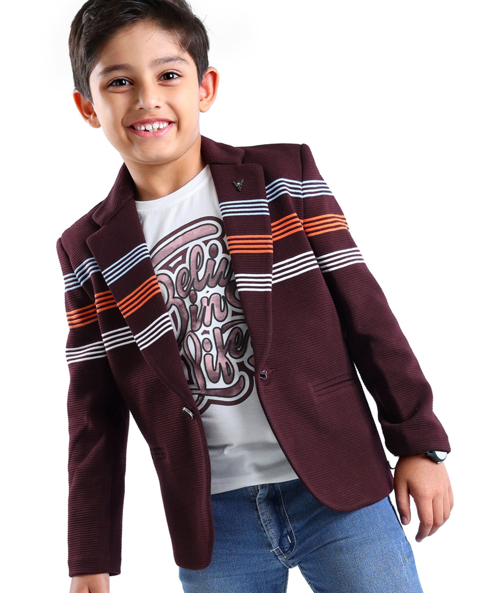 Dapper Dudes Full Sleeves Placement Striped Textured Blazer With Tee - Wine-image-40