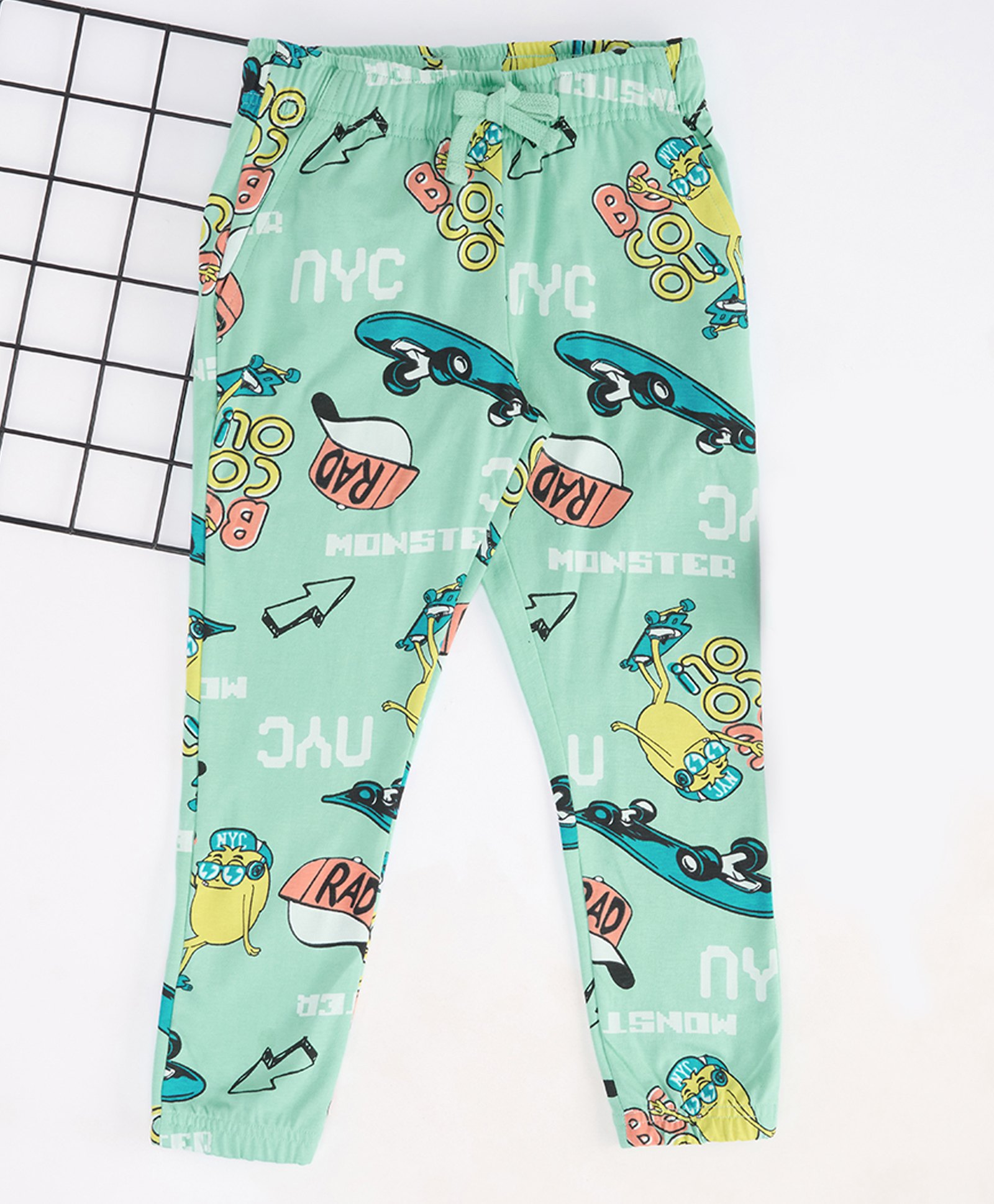 Pantaloons Junior Cotton Knit Skateboards Printed Track Pants - Aruba Blue & Green-image-31