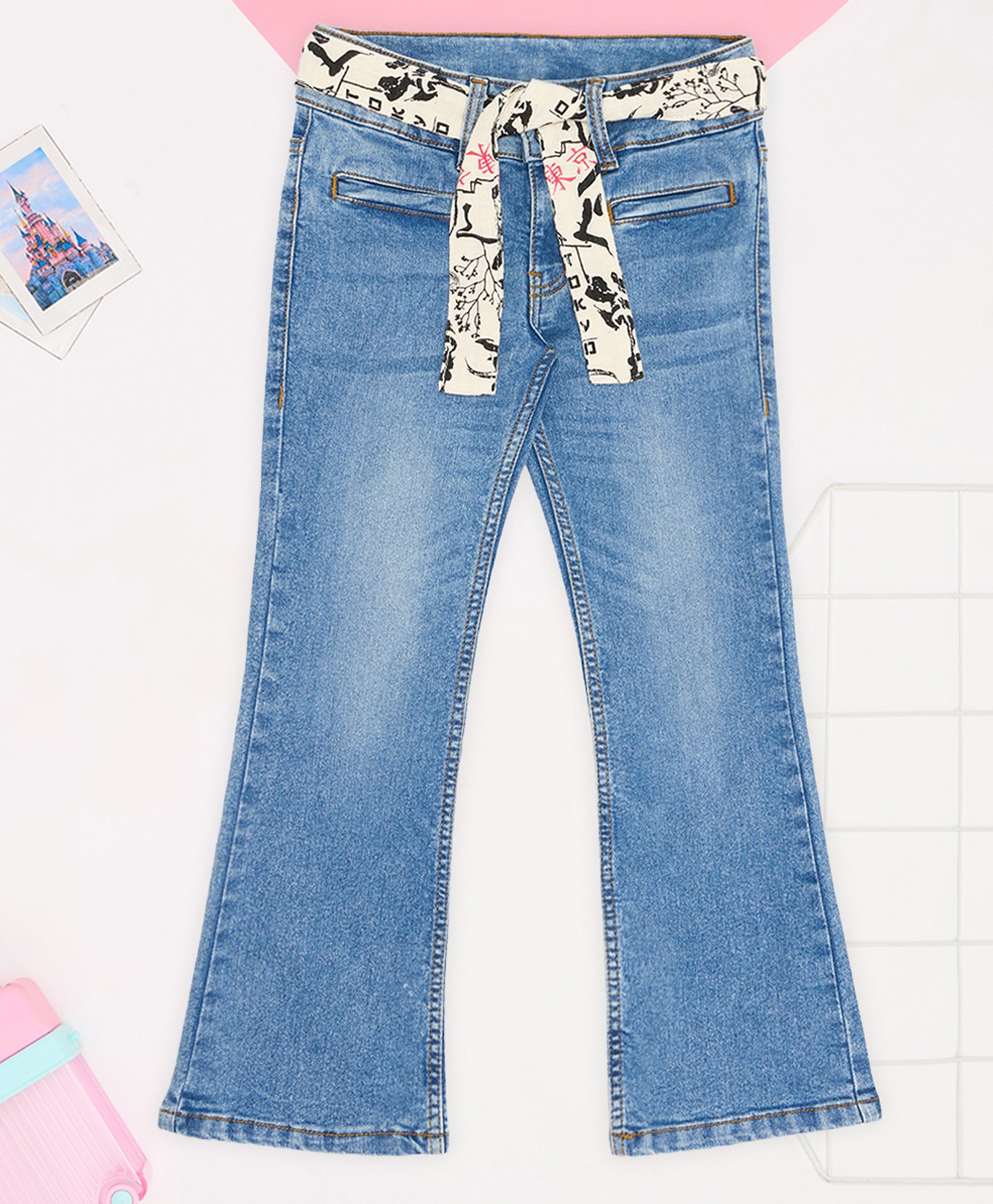Pantaloons Junior Cotton Denim Mild Washed Flared Jeans With Belt - Blue-picture-35