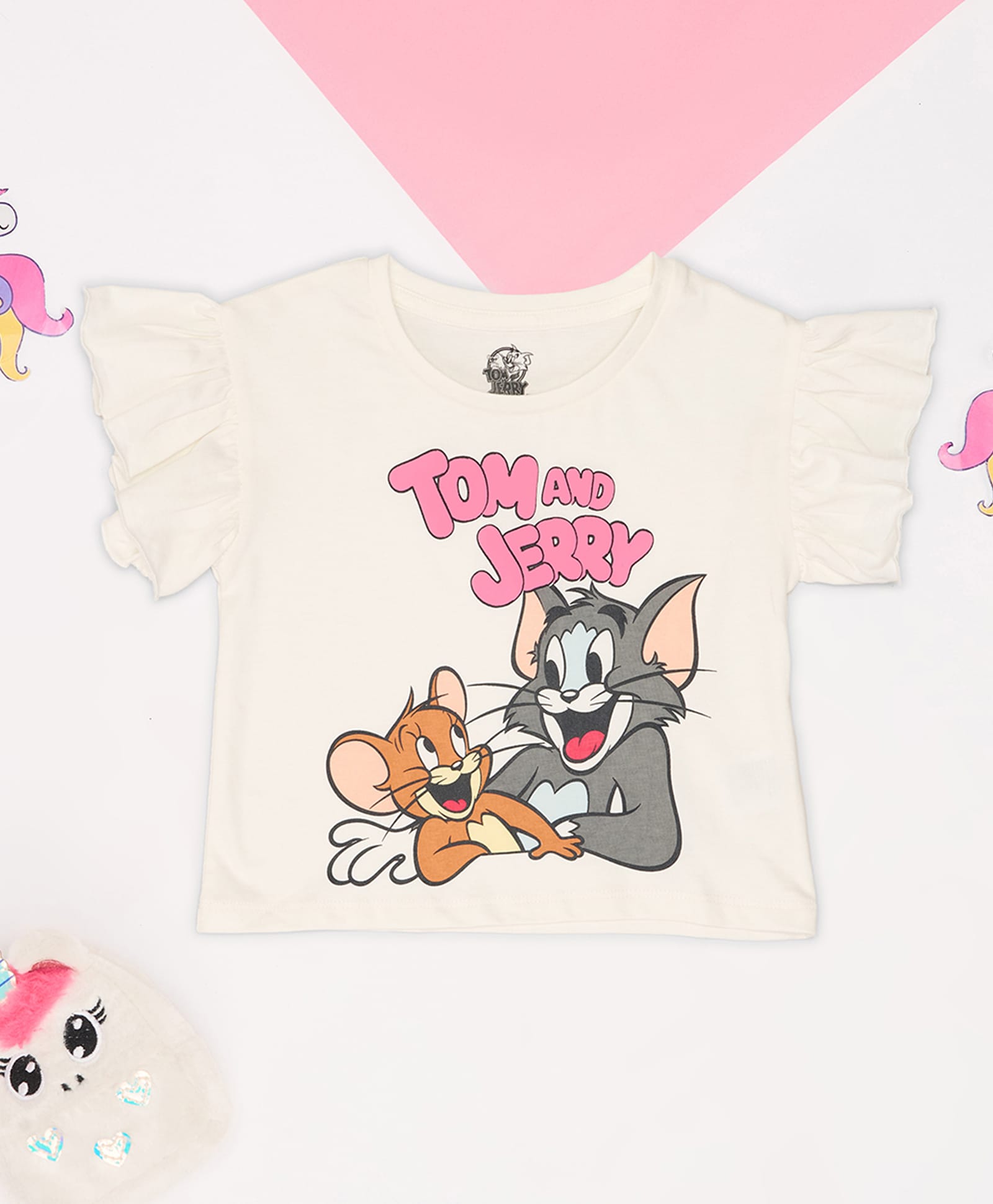 Pantaloons Junior Cotton Knit Tom & Jerry Featurng Flutter Sleeves Characters Printed Top - Off White-image-43