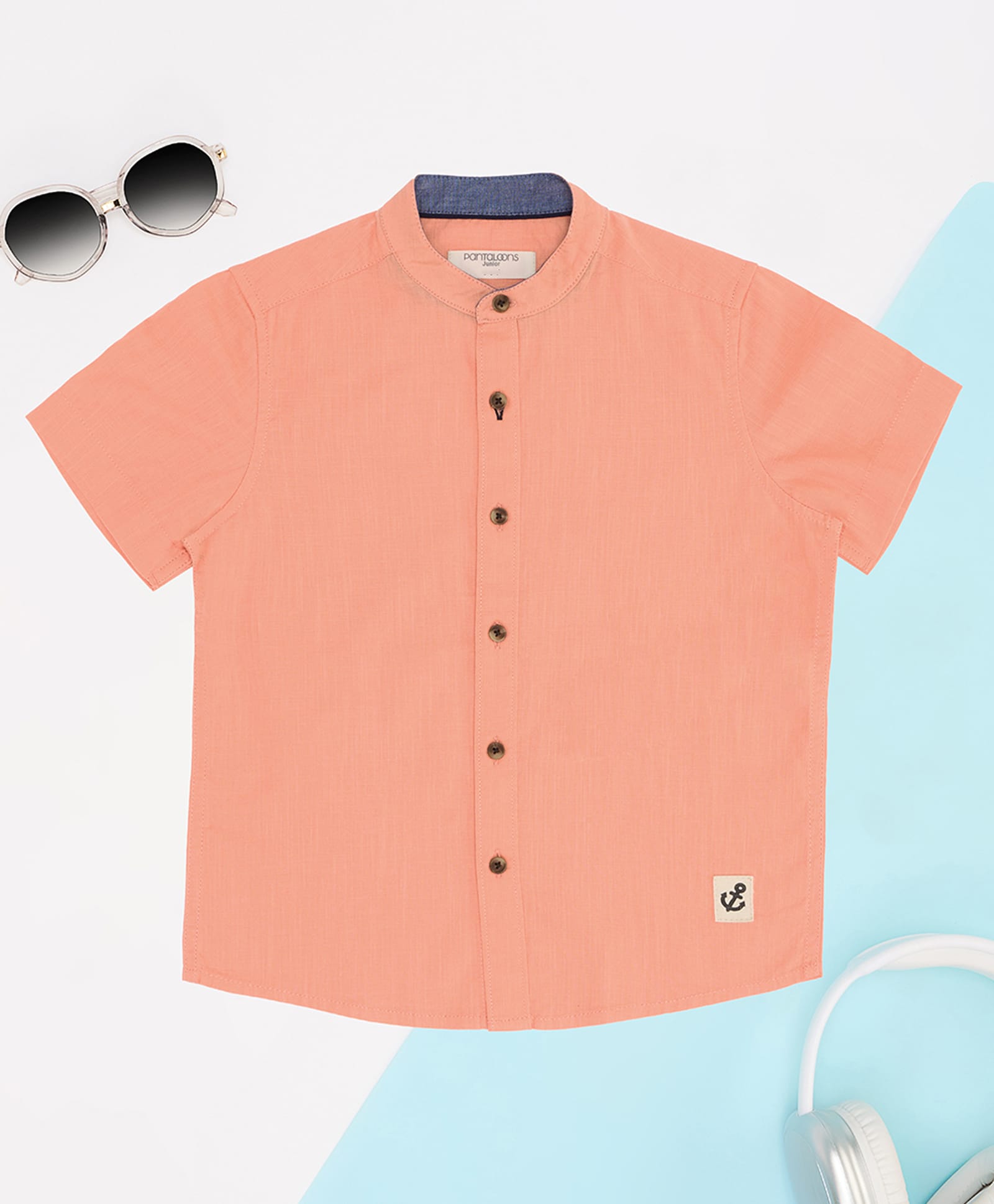 Pantaloons Junior Cotton Flax Woven Half Sleeves Solid Shirt - Coral-picture-40