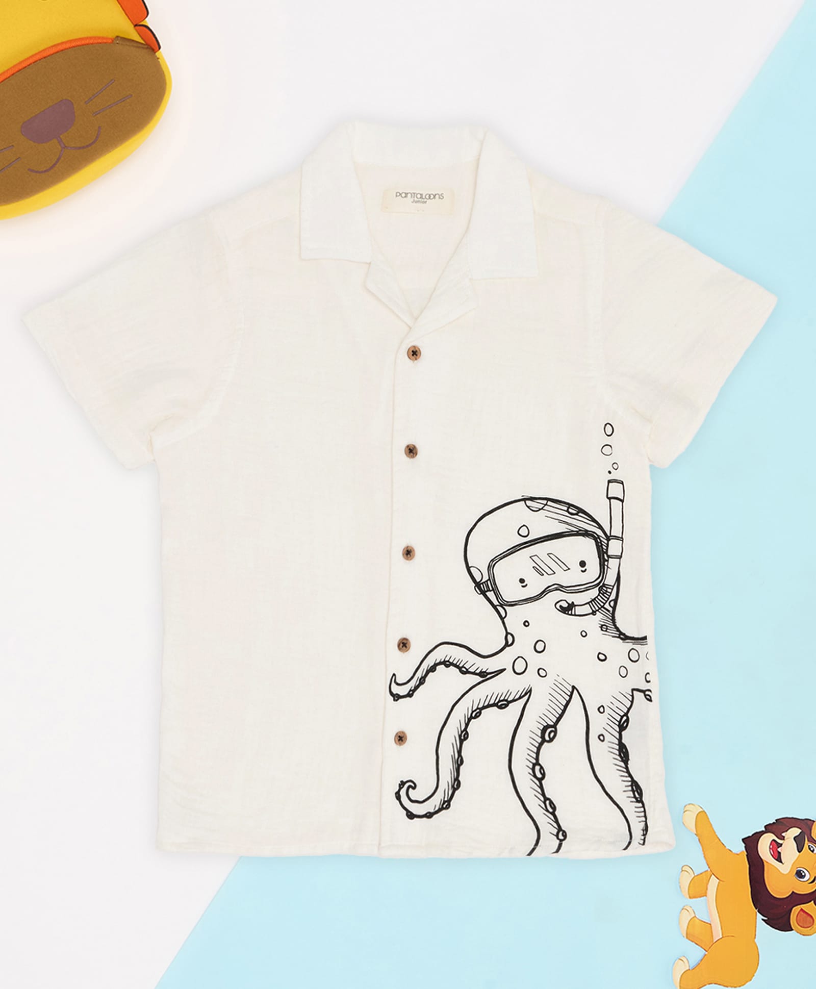 Pantaloons Junior Cotton Woven Half Sleeves Octopus Printed Shirt - Off White-picture-27