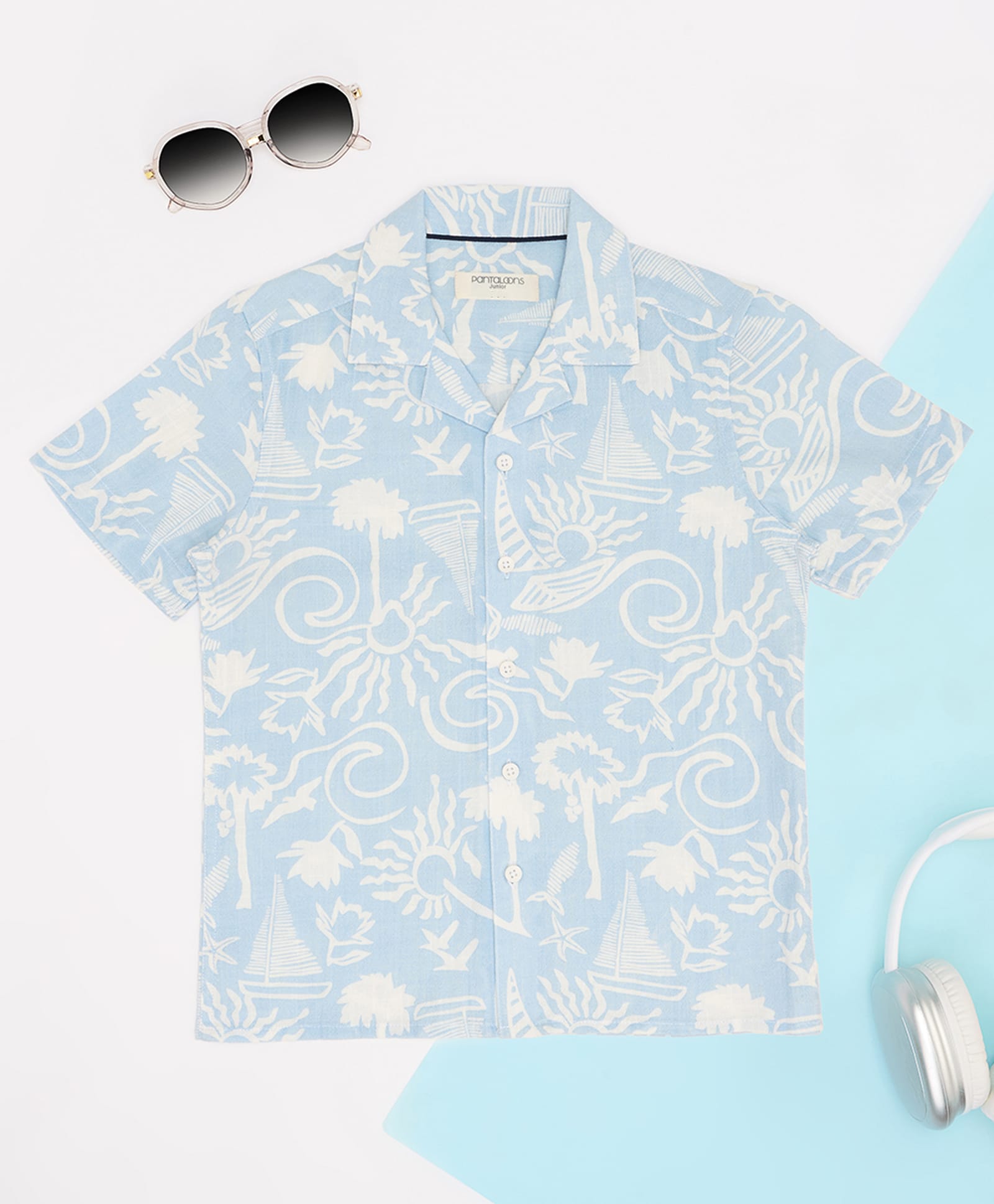 Pantaloons Junior Cotton Woven Half Sleeves Beach & Nautical Theme Printed Shirt - Light Blue-image-41