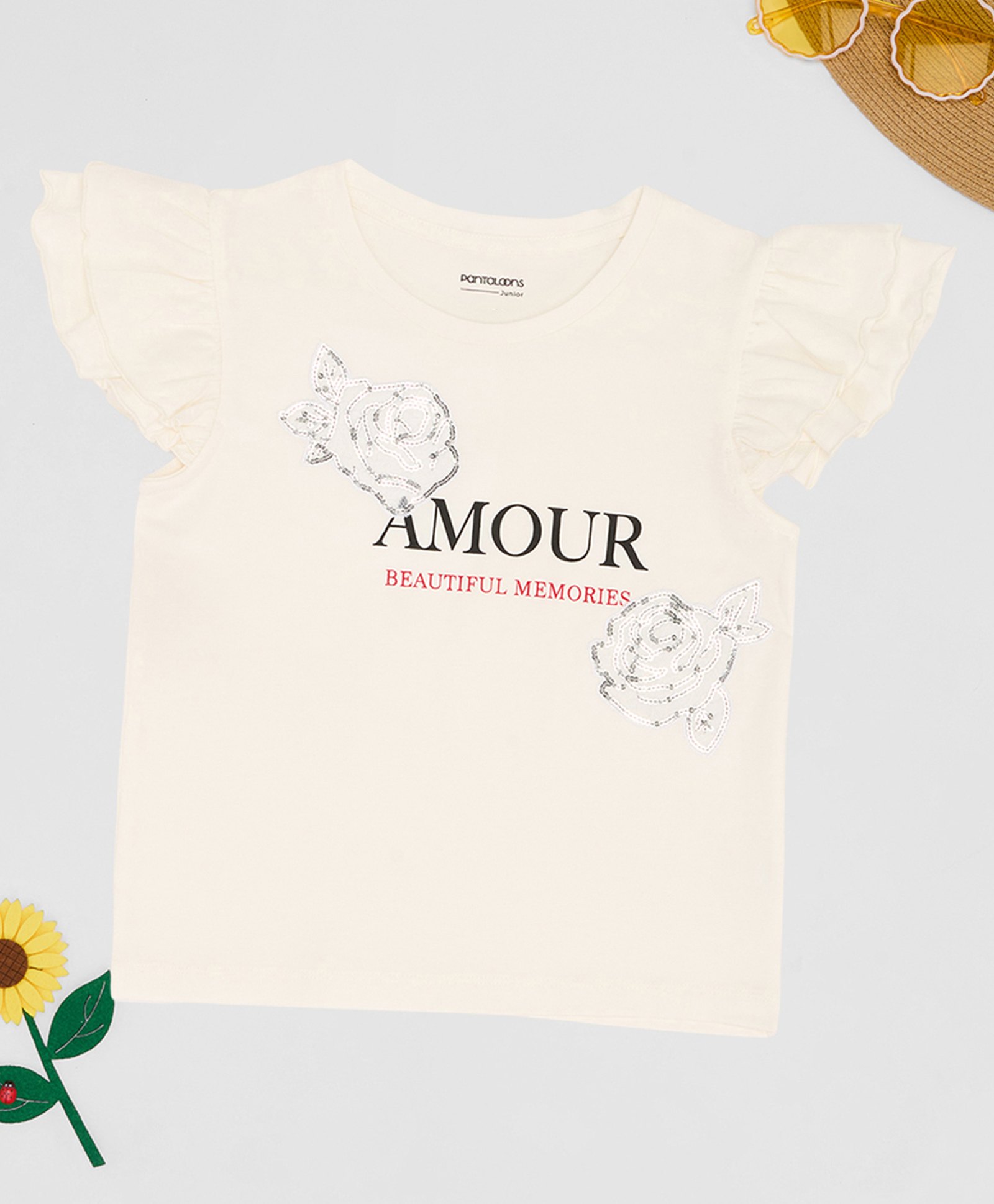 Pantaloons Junior Knit Frill Sleeves Amour Text Printed Floral Shaped Sequins Embellished Top - Off White-picture-10