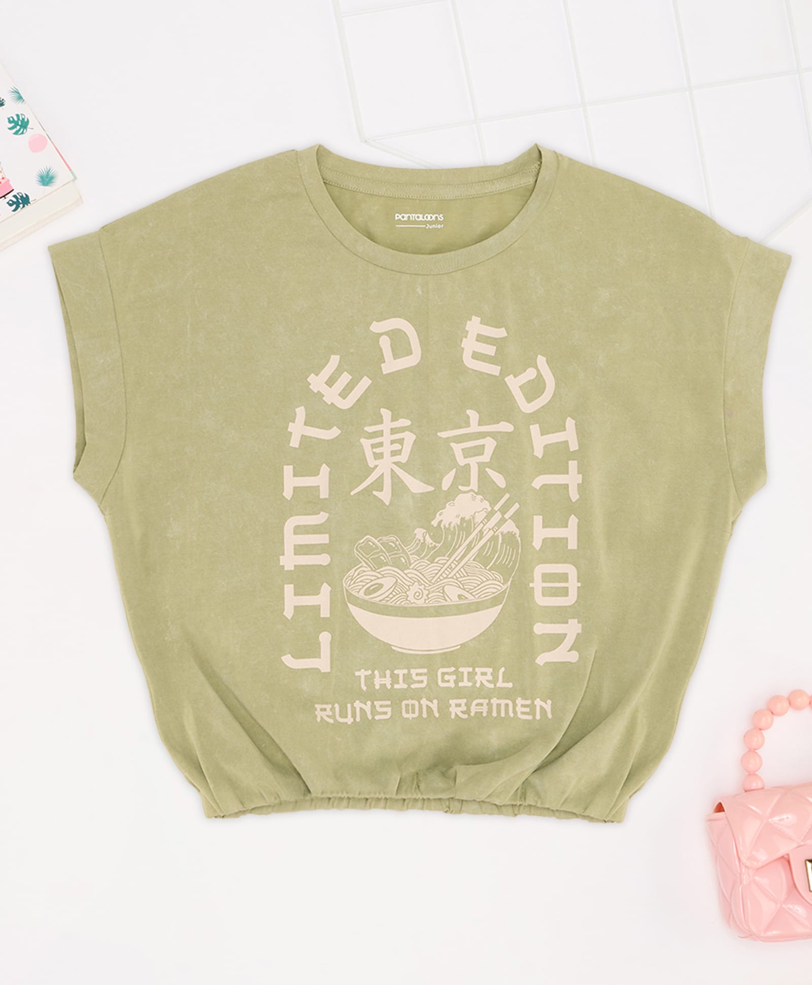 Pantaloons Junior Cotton Spandex Knit Half Sleeves Limited Edition Text Printed Crop Top - Green-picture-30