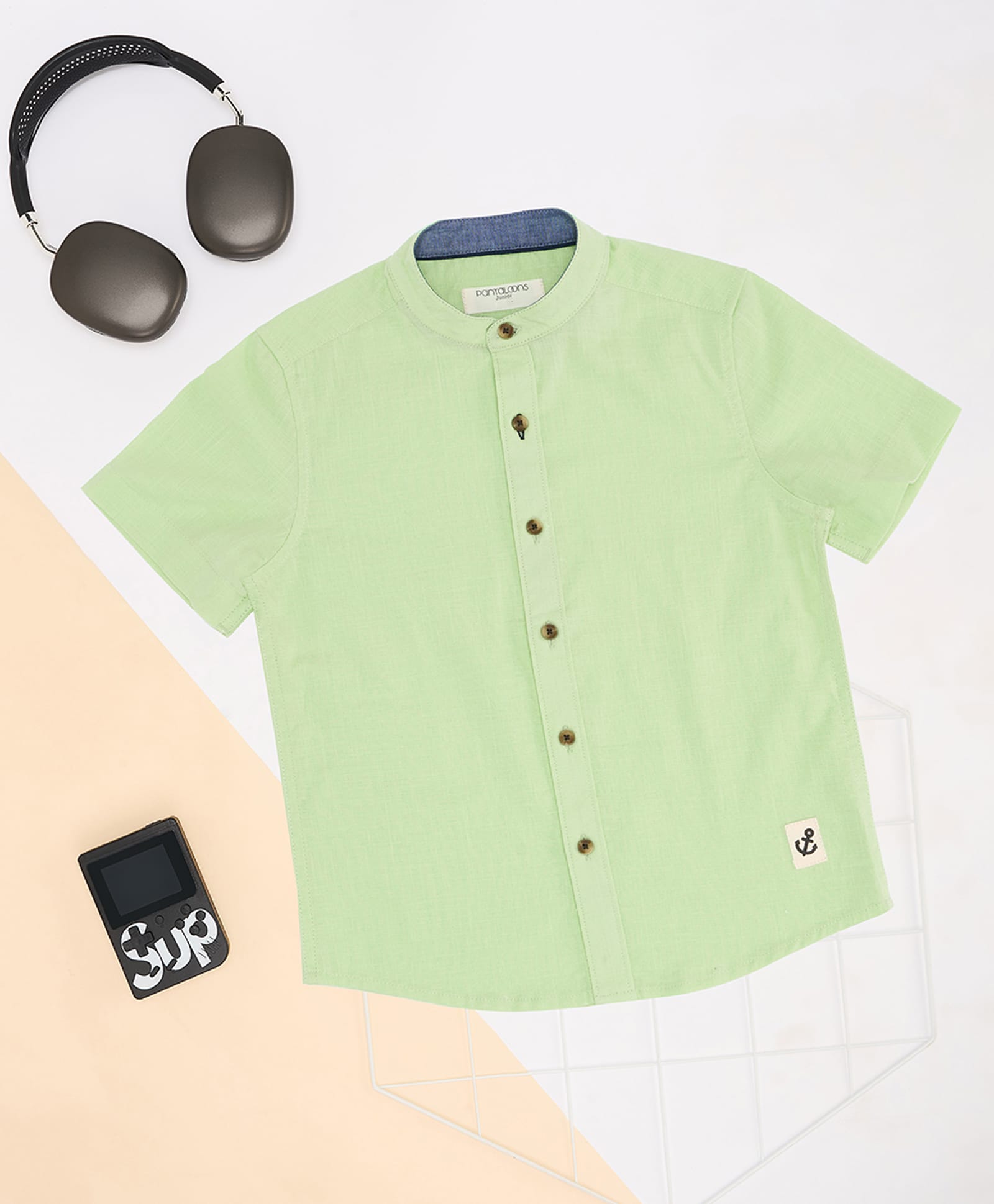 Pantaloons Junior Cotton Flax Woven Half Sleeves Solid Shirt - Light Green-picture-31