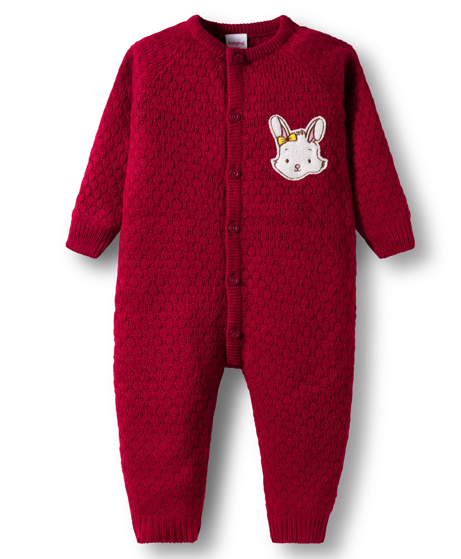 Babyhug Sweater Knit Full Sleeves Winter Wear Romper with Bunny Embroidery Patch - Maroon-image-33