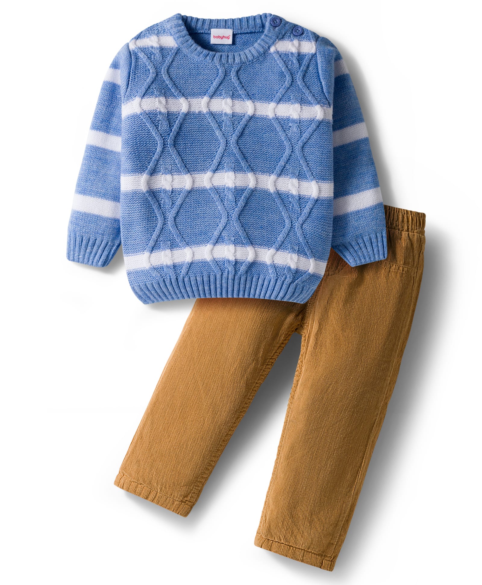 Babyhug Knitted Full Sleeves Striped Pullover Sweater Set With Cable Knit Design - Blue & Beige-picture-28