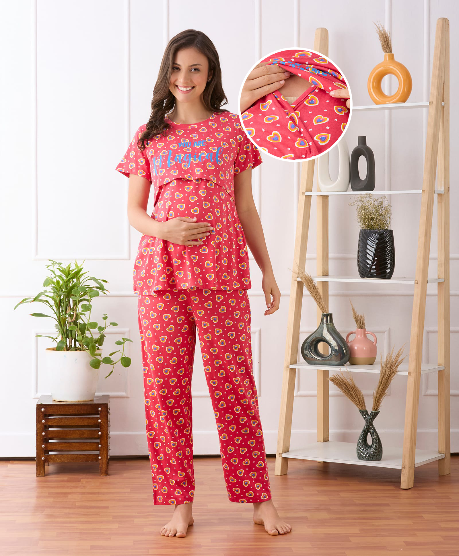 Bella Mama Cotton Knit Half Sleeves Nursing Night Suit with Heart Print - Dark Pink