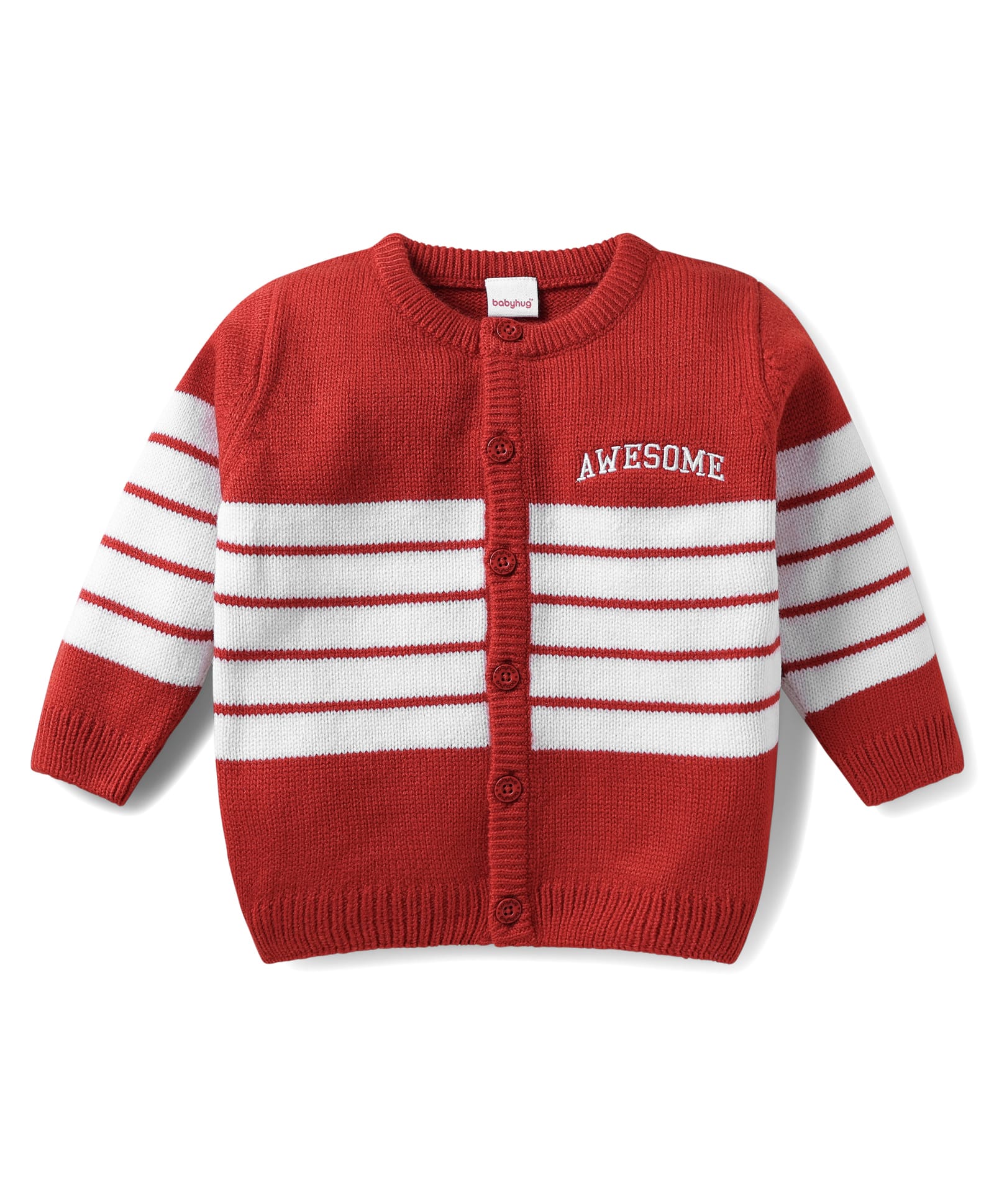Babyhug Knitted Full Sleeves Front Open Sweater with Stripes & Text Embroidery - Dark Red-image-47