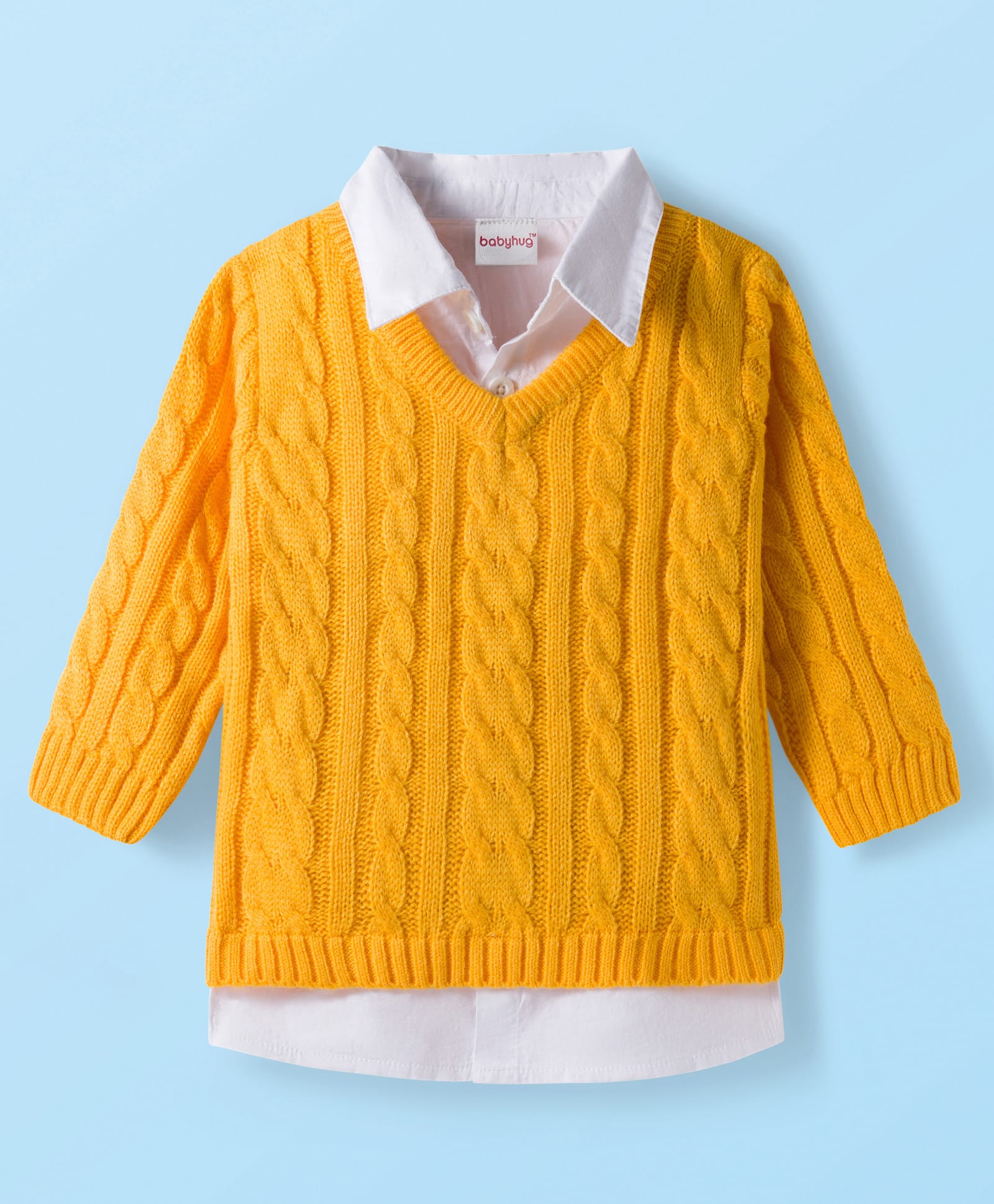 Babyhug Knit Full Sleeves Twofer Style Pullover Sweater with Cable Knit Design - Yellow-image-37