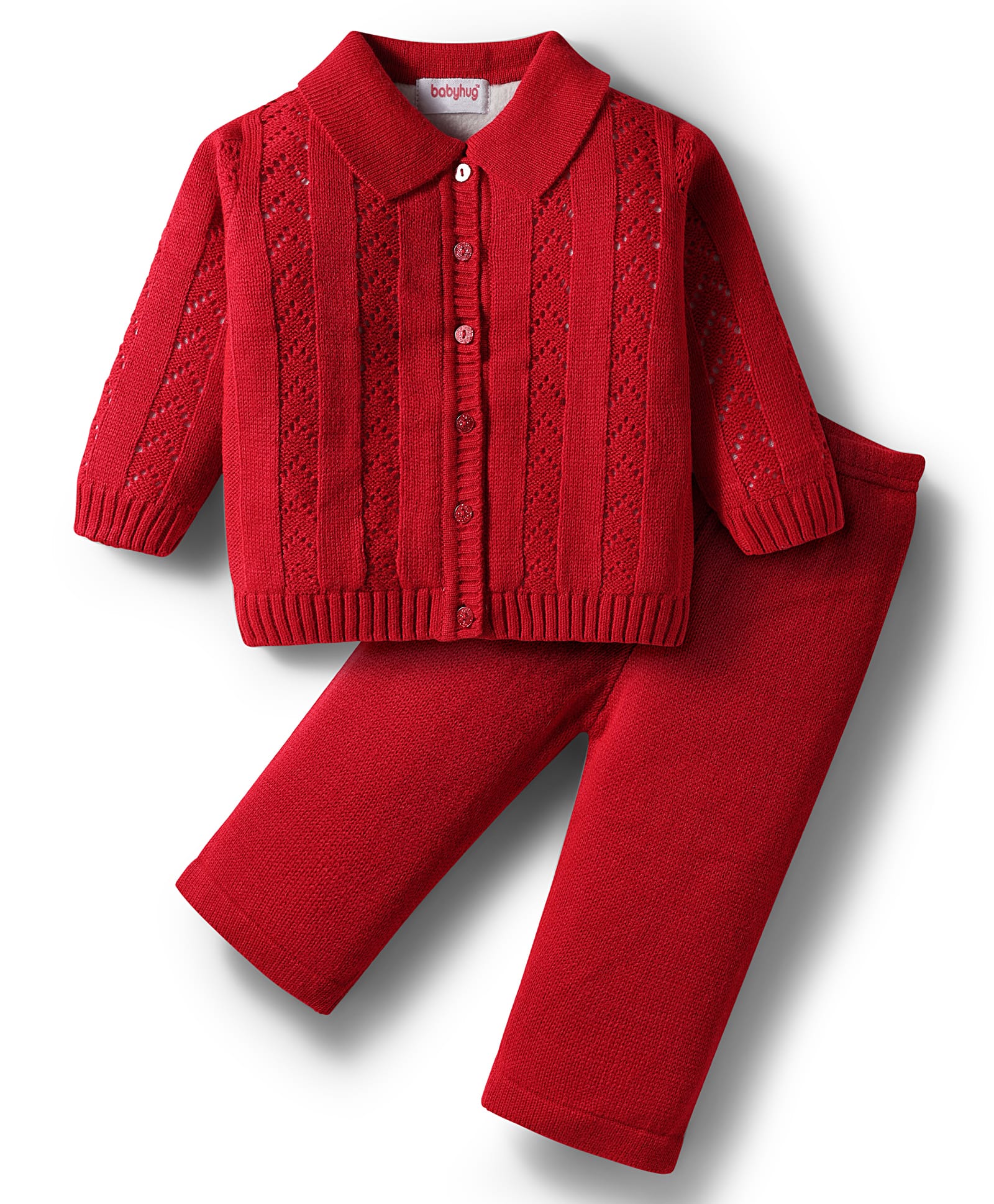 Babyhug Knit Full Sleeves Front Open Sweater Set with Schiffli Design - Red-picture-10