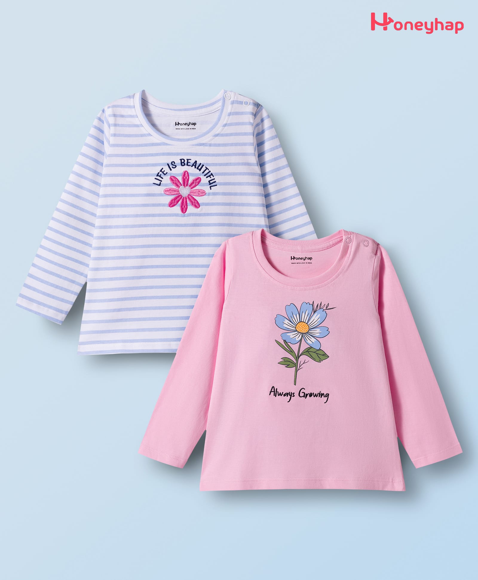 Honeyhap 100% Premium Cotton Knit With Bio Finish Tops with Floral & Stripe Pack of 2 - Fairy Tale & Bright White-image-30
