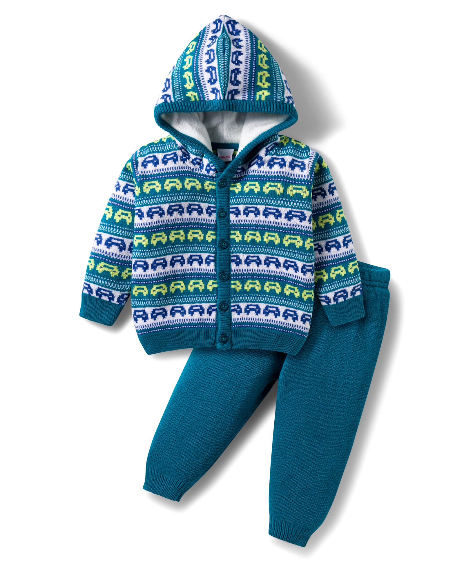 Babyhug Knitted Full Sleeves Hooded Sweater Set With Car Design - Teal Blue-image-24