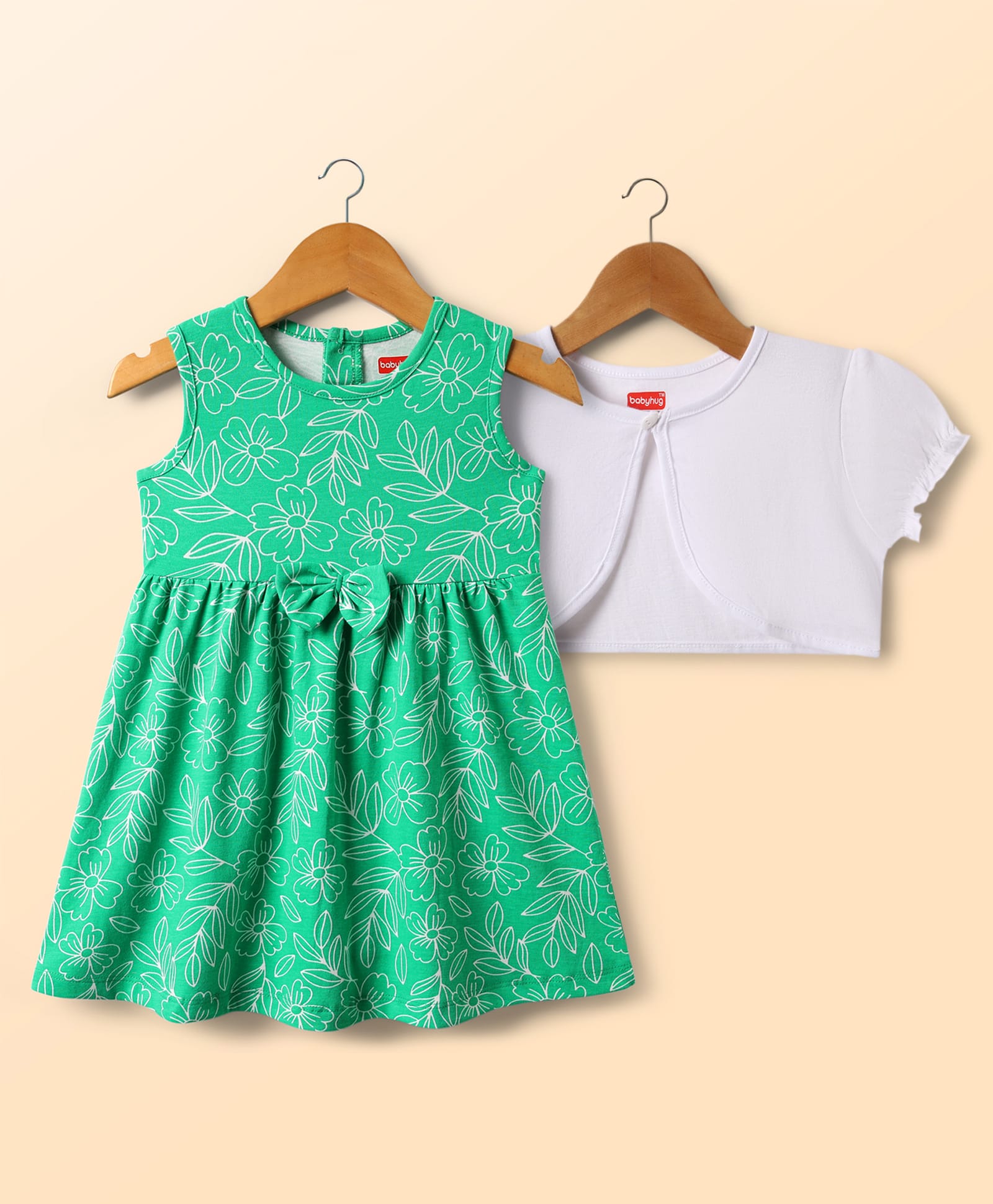 Babyhug Cotton Knit Frock & Half Sleeves Shrug With Floral Print & Bow Applique - Green & White-image-36