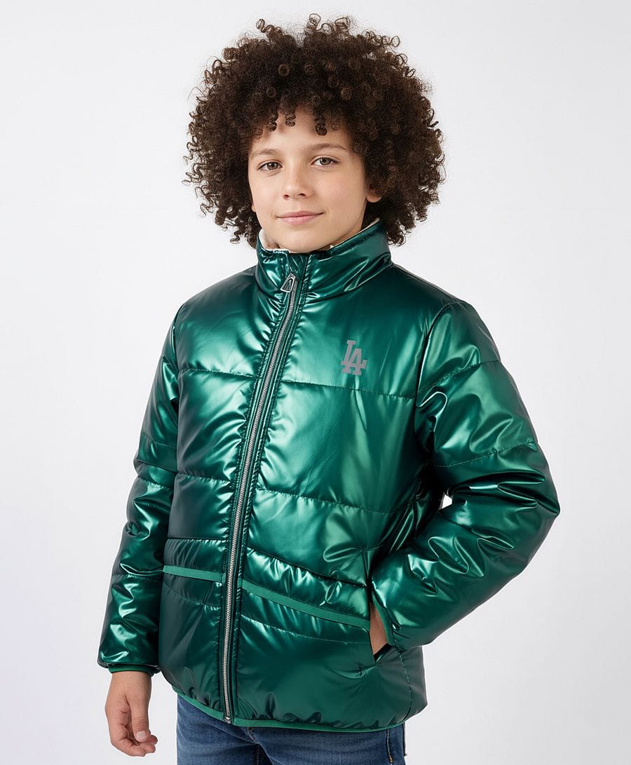 Primo Gino Woven Full Sleeves Reversible Puffer Quilted Jackets With LA Embroidery - Green & Off White-picture-16