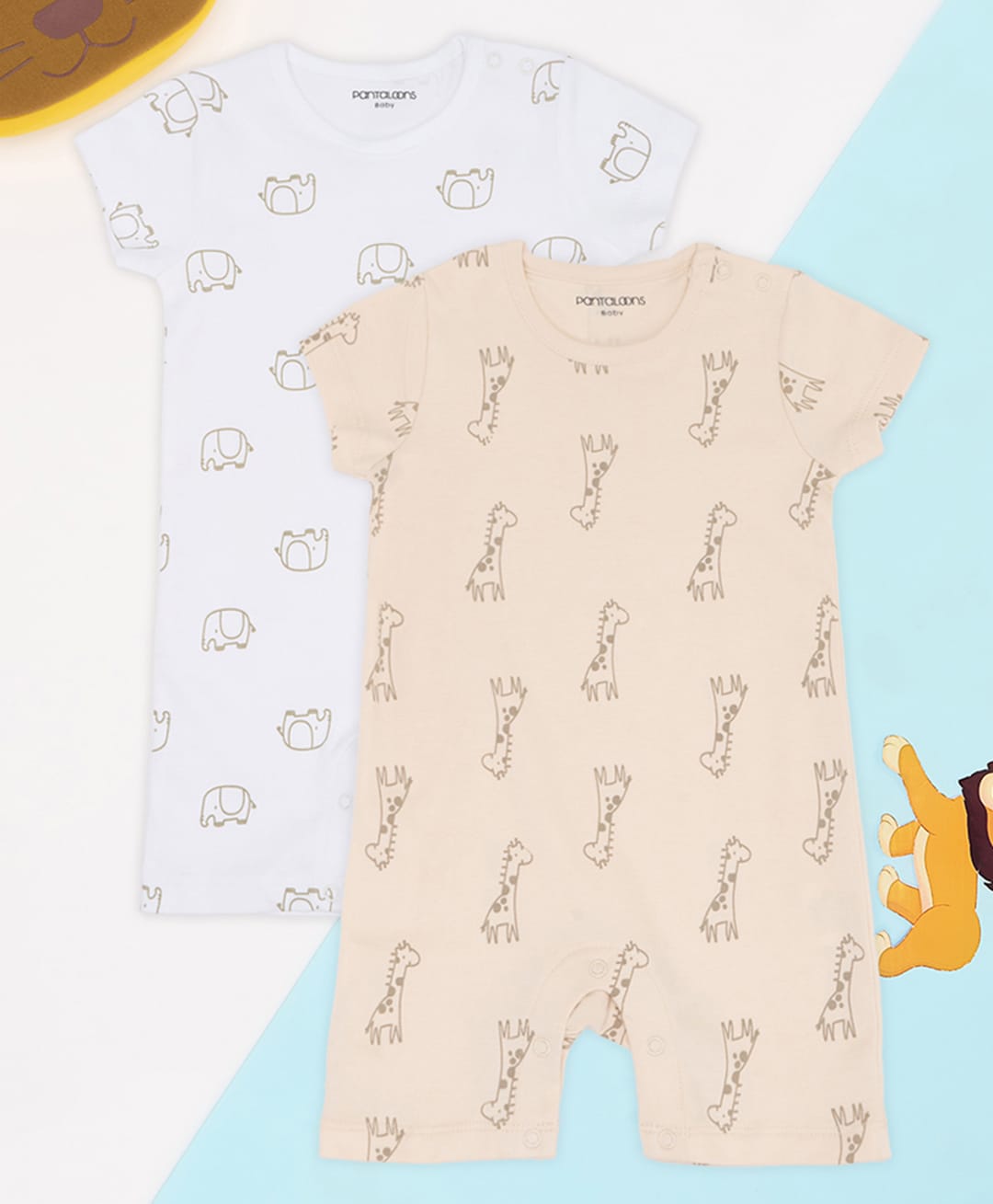 Pantaloons Baby Cotton Knit Pack of 2 Half Sleeves Cute Elephant & Giraffe Printed Rompers - Off White-image-15