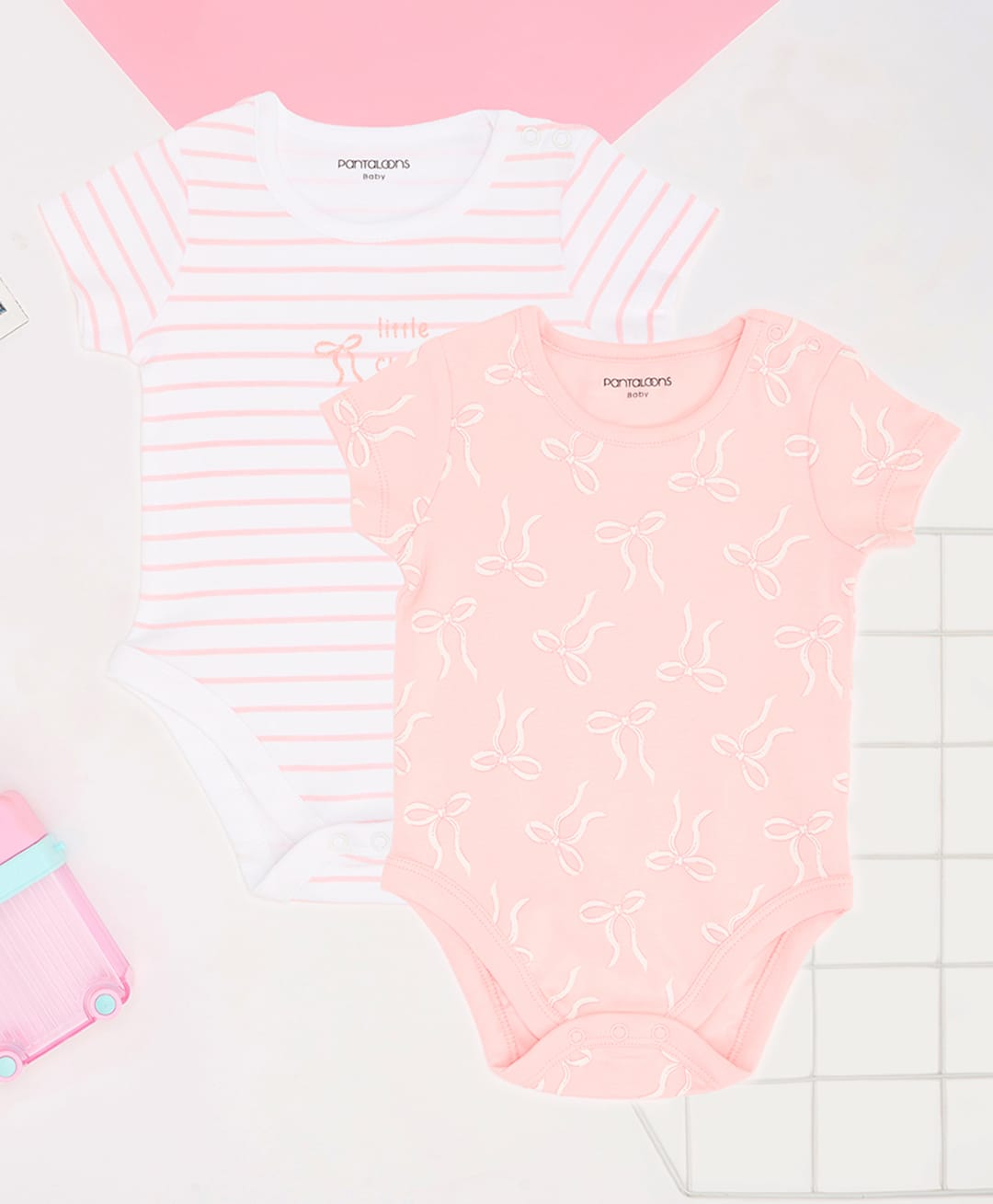 Pantaloons Baby Cotton Knit Pack of 2 Half Sleeves Striped & Bow Printed Onesies - Pink-image-11