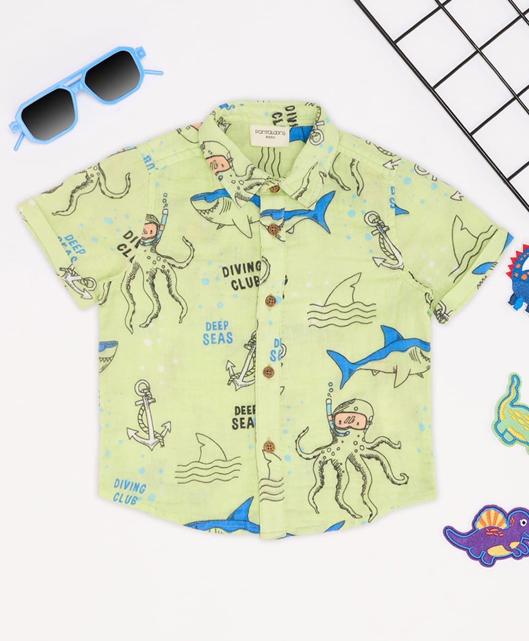 Pantaloons Baby Cotton Woven Half Sleeves Sea Life Printed Shirt - Lime Green-picture-28