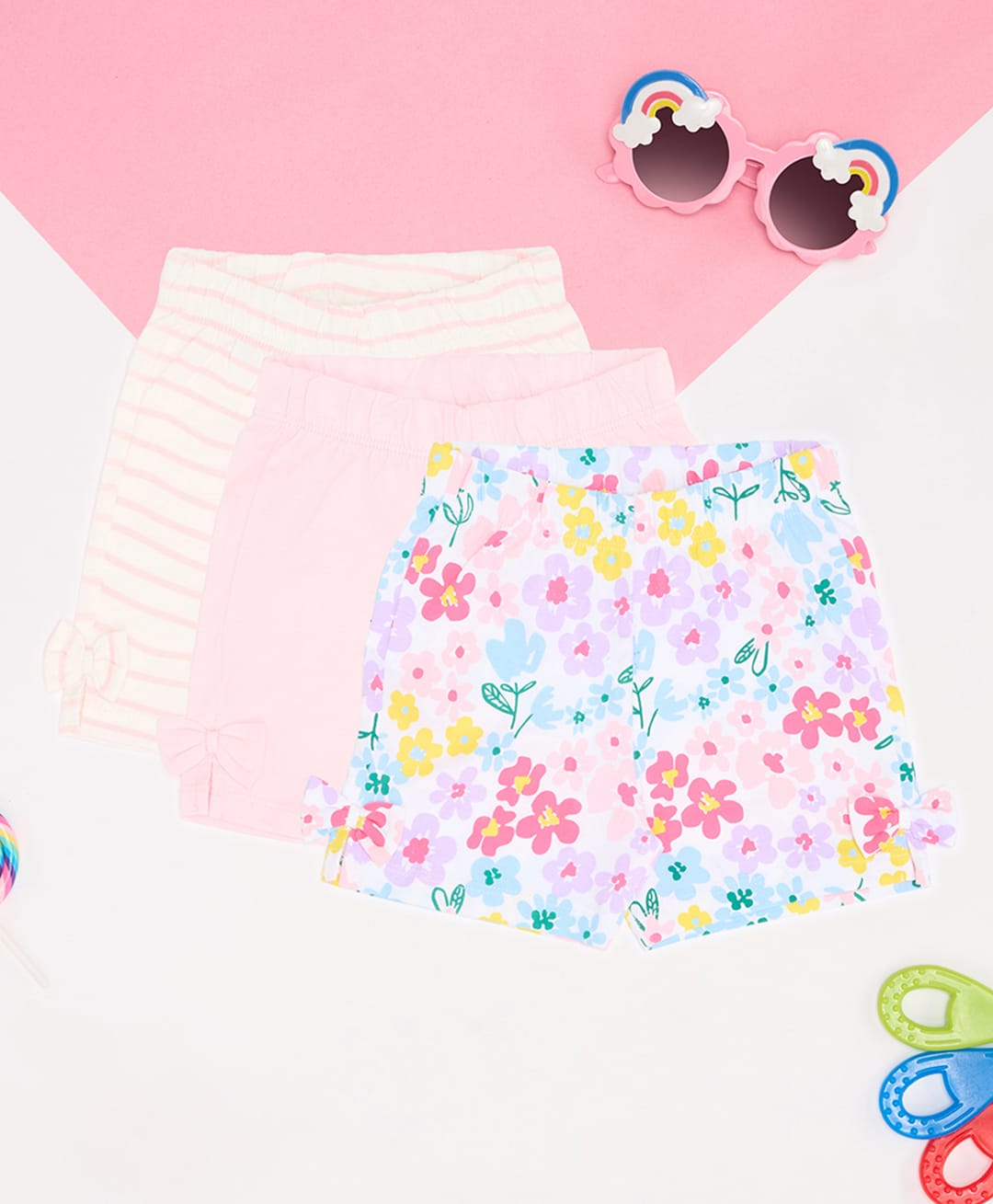 Pantaloons Baby Pack Of 3 Cotton Knit Striped & Floral Printed Shorts - Multi Colour-picture-20