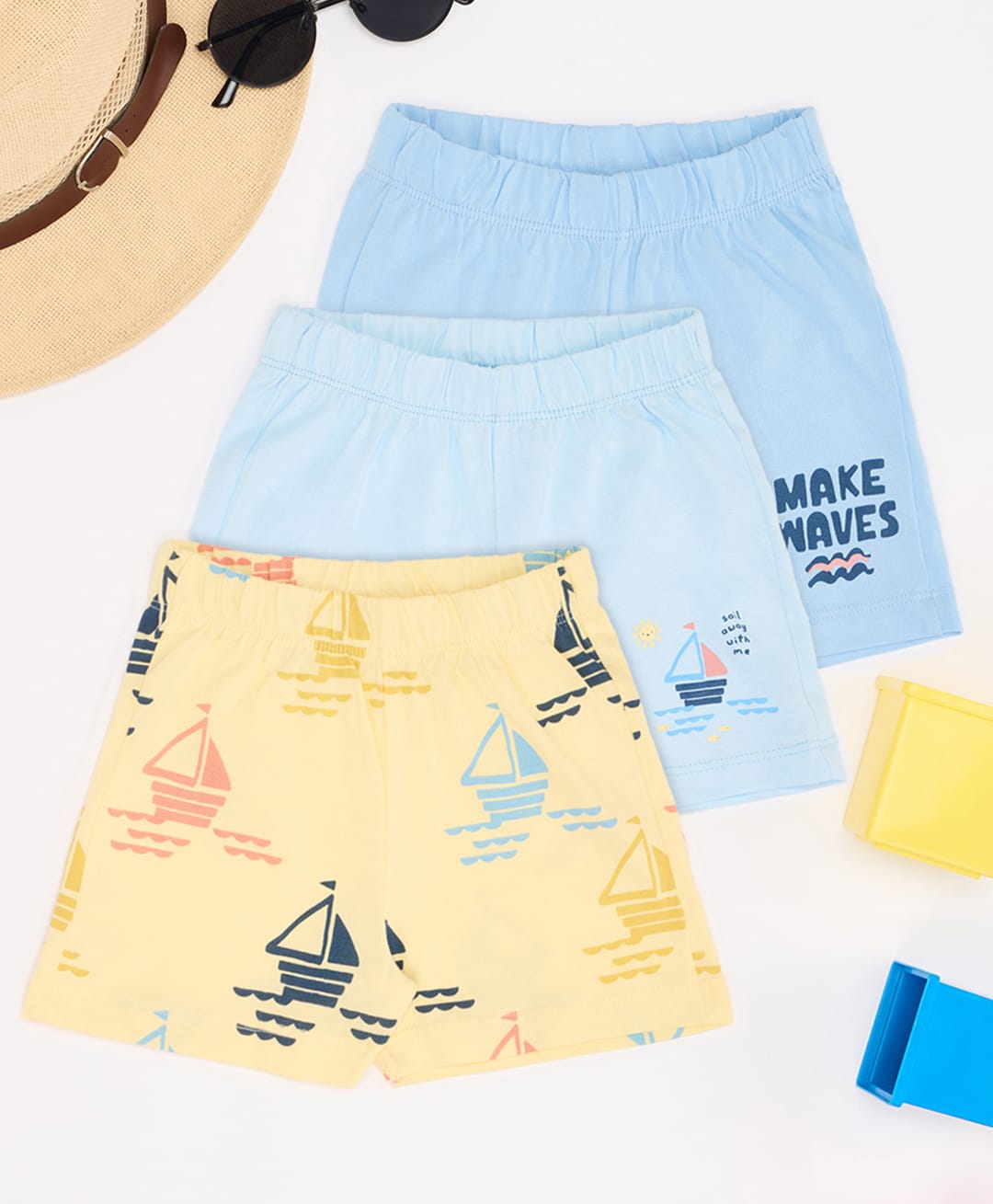 Pantaloons Baby Pack Of 3 Cotton Knit Nautical Theme & Typography Printed Shorts - Bonnie Blue & Yellow-image-45