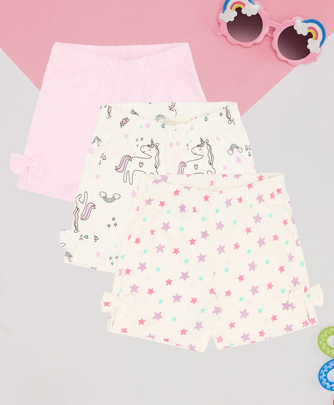 Pantaloons Baby Pack Of 3 Cotton Knit Unicorn & Stars Printed Shorts - Bright White & Pink-image-7