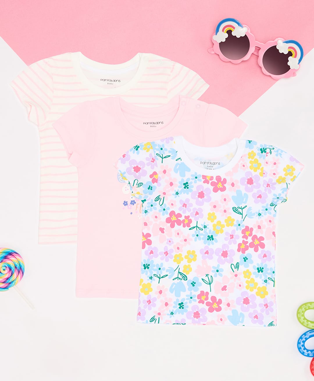 Pantaloons Baby Cotton Knit Pack Of 3 Half Sleeves Striped & Floral Printed Tees - Festival Bloom-picture-36