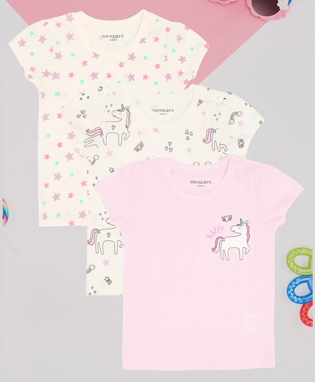 Pantaloons Baby Cotton Knit Pack Of 3 Half Sleeves Unicorn & Stars Printed Tees - Blushing Bride-image-39