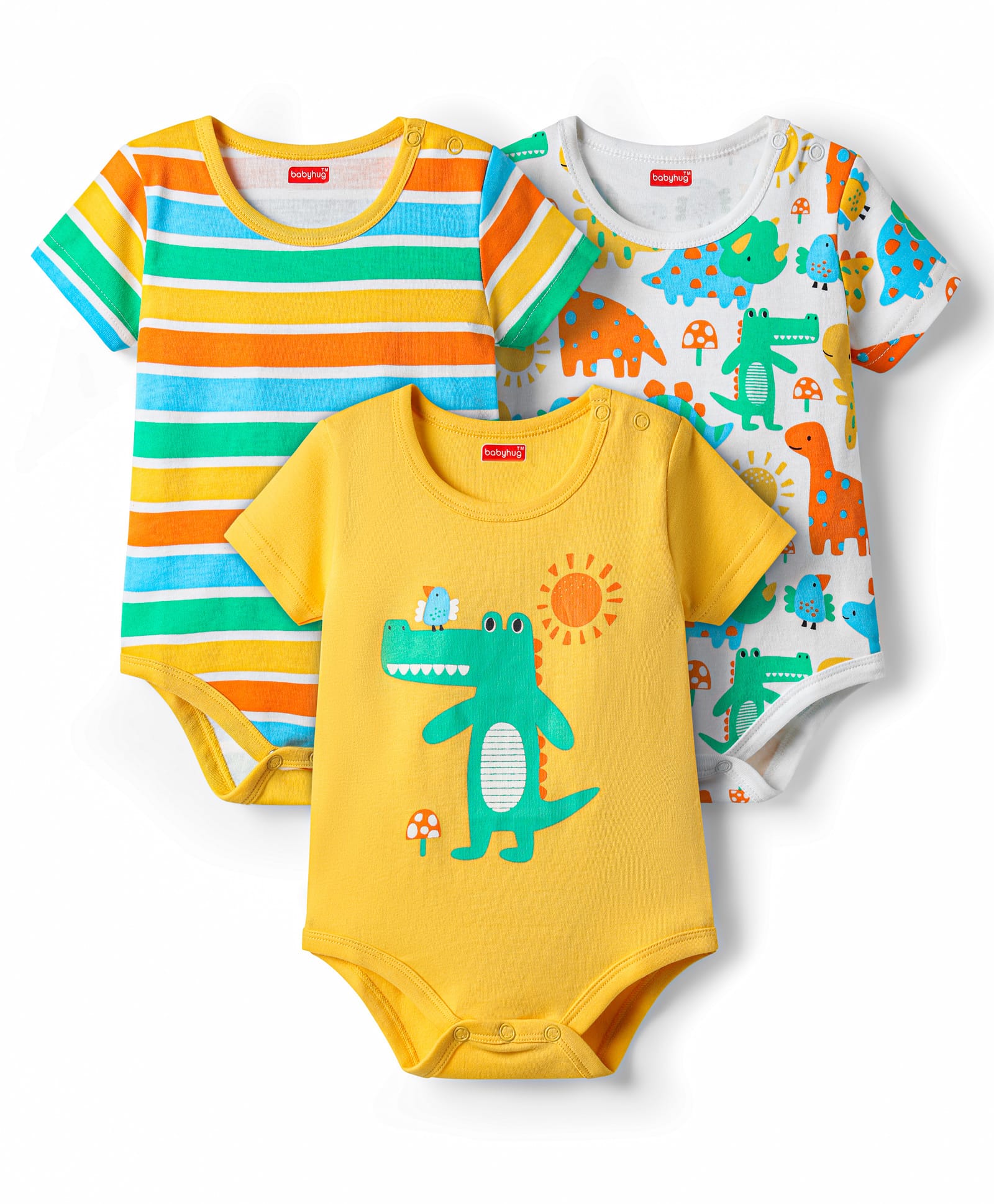 Babyhug 100% Cotton Knit Half Sleeves Striped & Dino Printed Onesies Pack of 3 - Yellow & White-picture-14