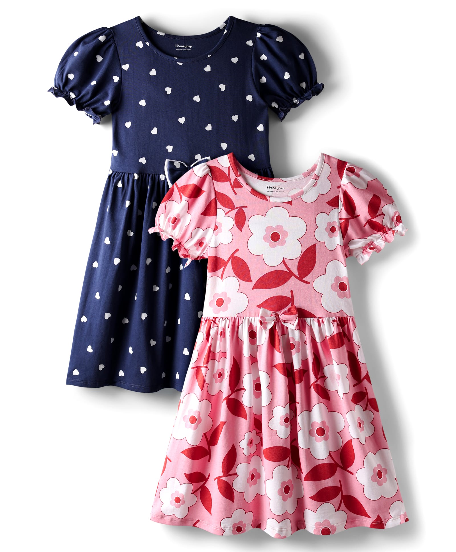 Honeyhap Premium Cotton Knit Bio Finish Half Sleeves Frock with Floral Heart Print & Bow Applique Pack of 2 - Navy Blue & Pink-picture-19