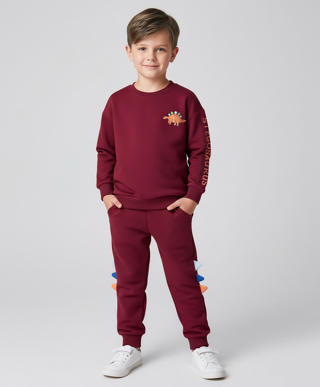 Bonfino 100% Cotton Fleece Drop Shoulder Full Sleeves Dino Printed Sweatshirt With Jogger - Maroon-image-8