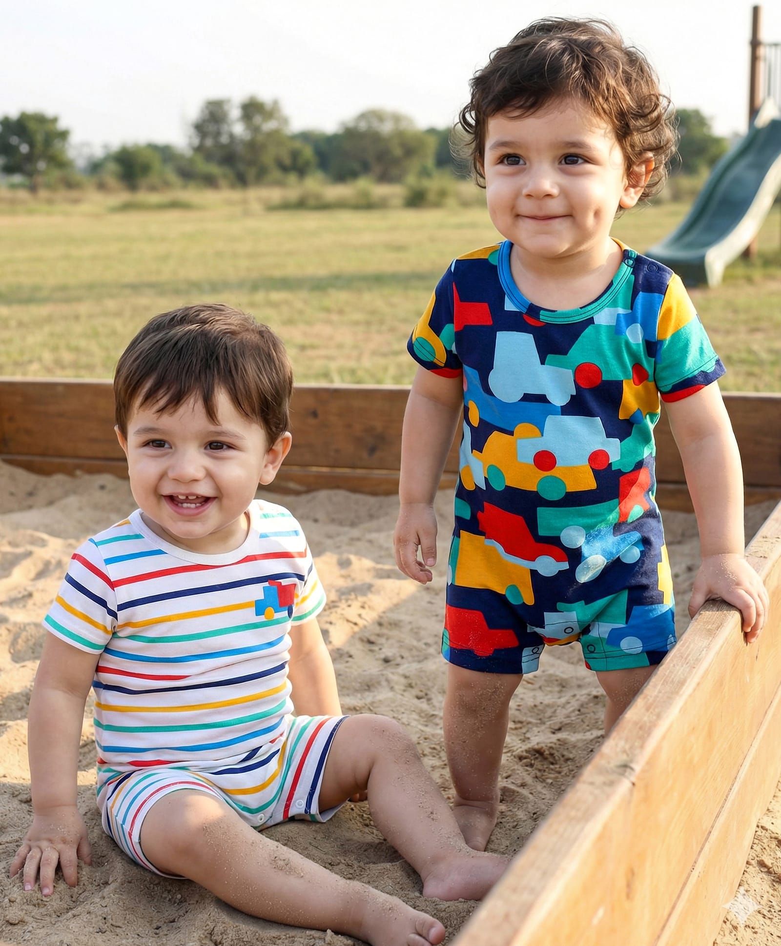 Babyhug 100% Cotton Knit Half Sleeves Striped Rompers with Vehicle Print Pack of 2 - Multicolor-image-18