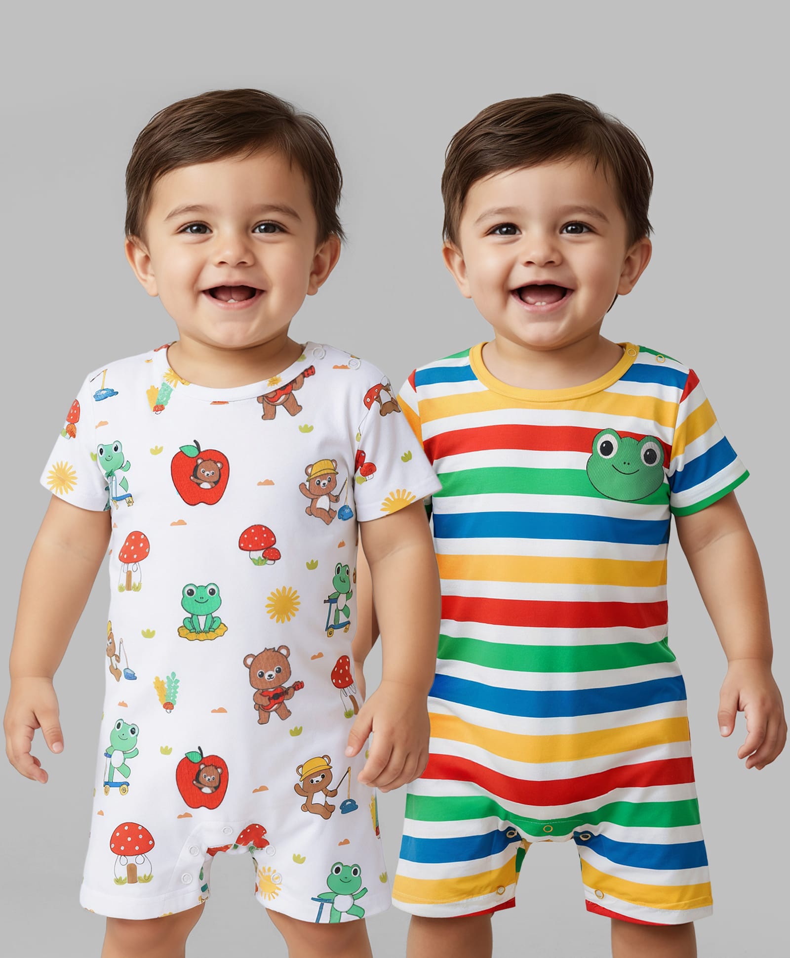 Babyhug 100% Cotton Knit Half Sleeves Striped Rompers with Animal Print Pack of 2 - White