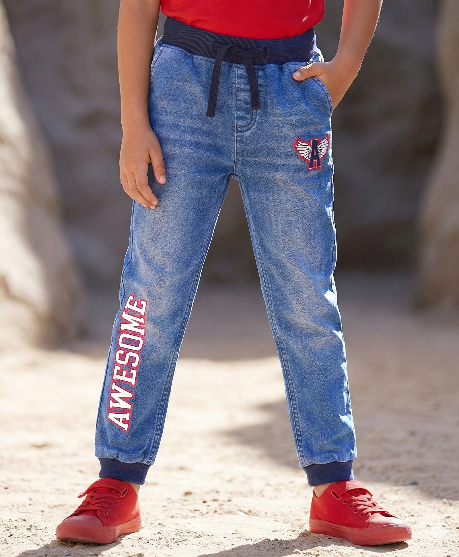 Pine Kids Cotton Elastane Woven Full Length Washed Jeans With Text Print - Navy Blue-image-35