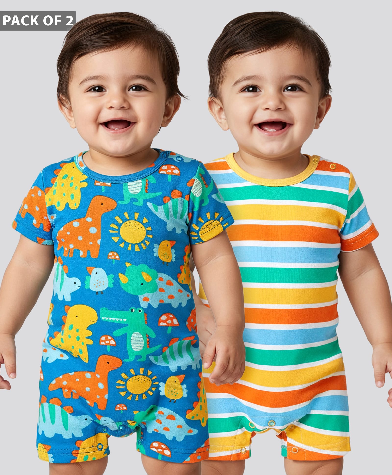 Babyhug 100% Cotton Knit Half Sleeves Striped & Dino Printed Rompers Pack of 2 - Multicolor-image-19