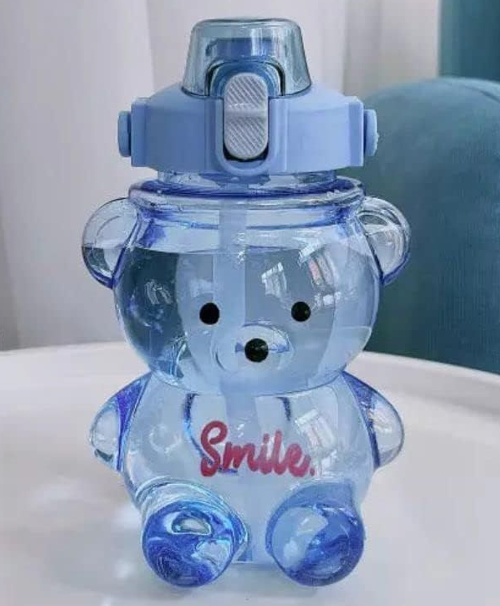 New Pinch Teddy Bear Water Bottle With Soft Silicone Straw - 1000 ml Plastic Leak Proof, Push Button Opening, Strap for Carrying (Transparent)Blue-image-25