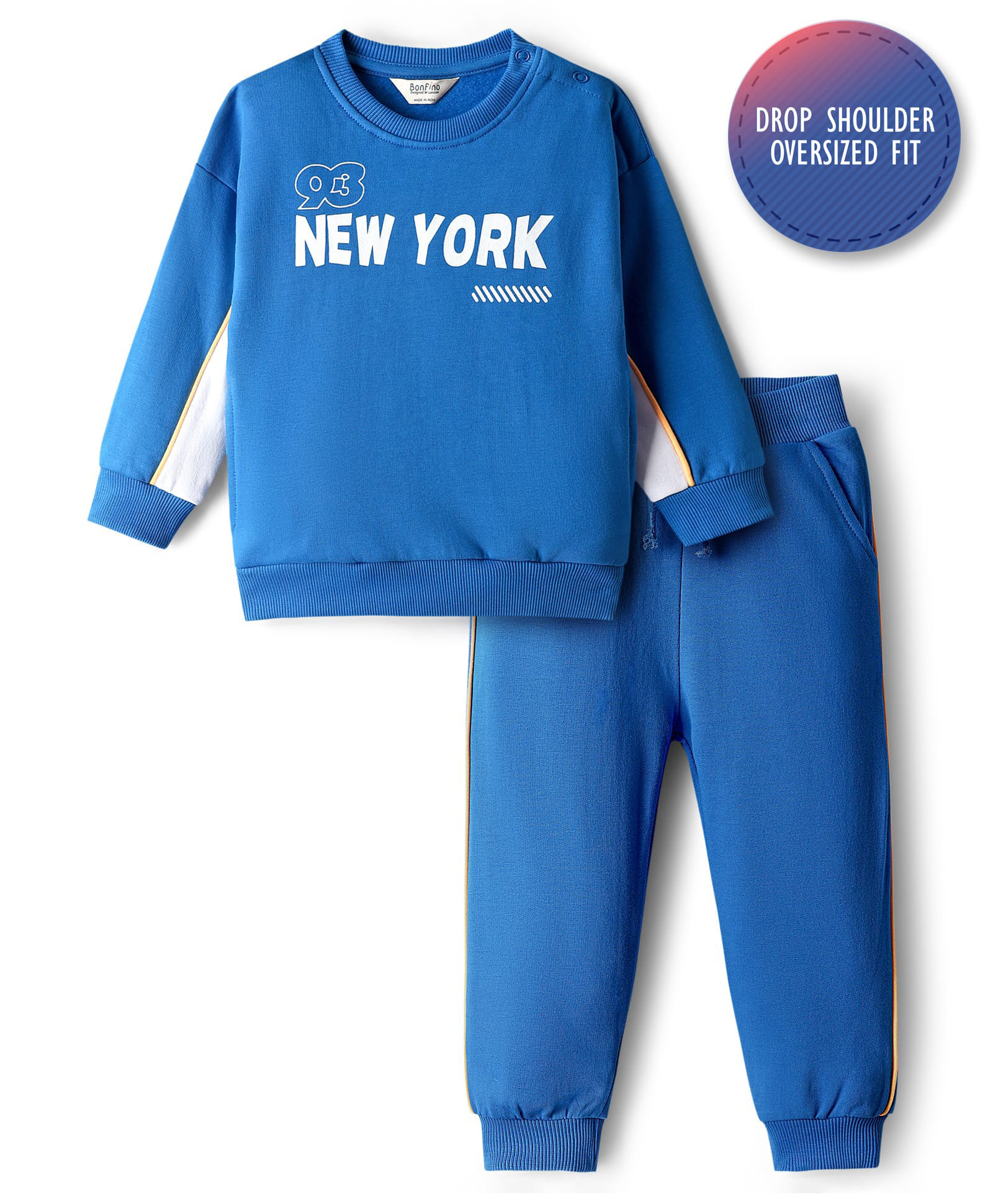 Bonfino 100% Cotton Knit Fleece Full Sleeves Sweatshirt & Jogger Set With Text Print - Blue-image-44