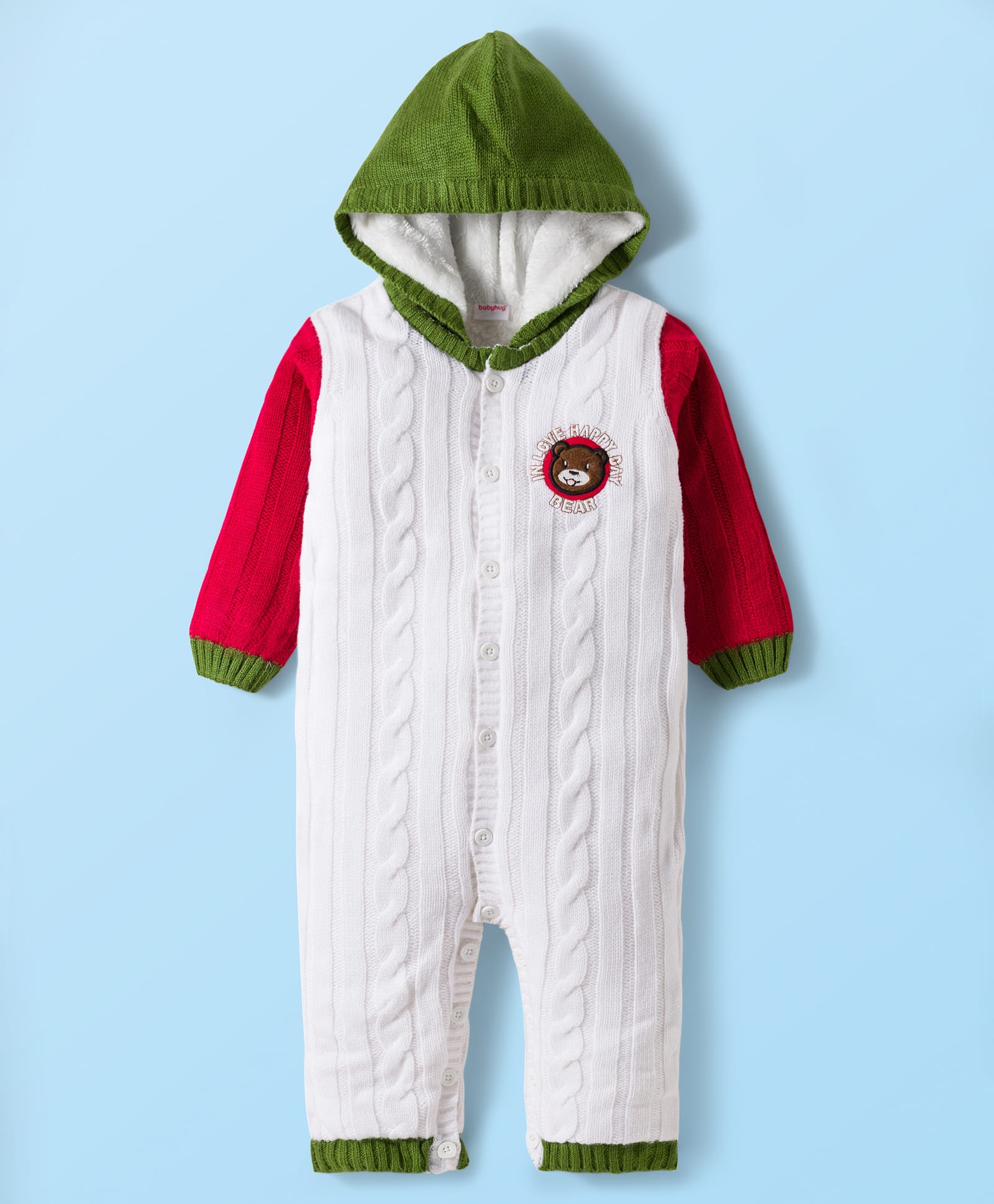 Babyhug Sweater Knit Full Sleeves Winter Wear Hooded Romper With Cable Knit Design & Bear Patch - White Red & Green-image-23