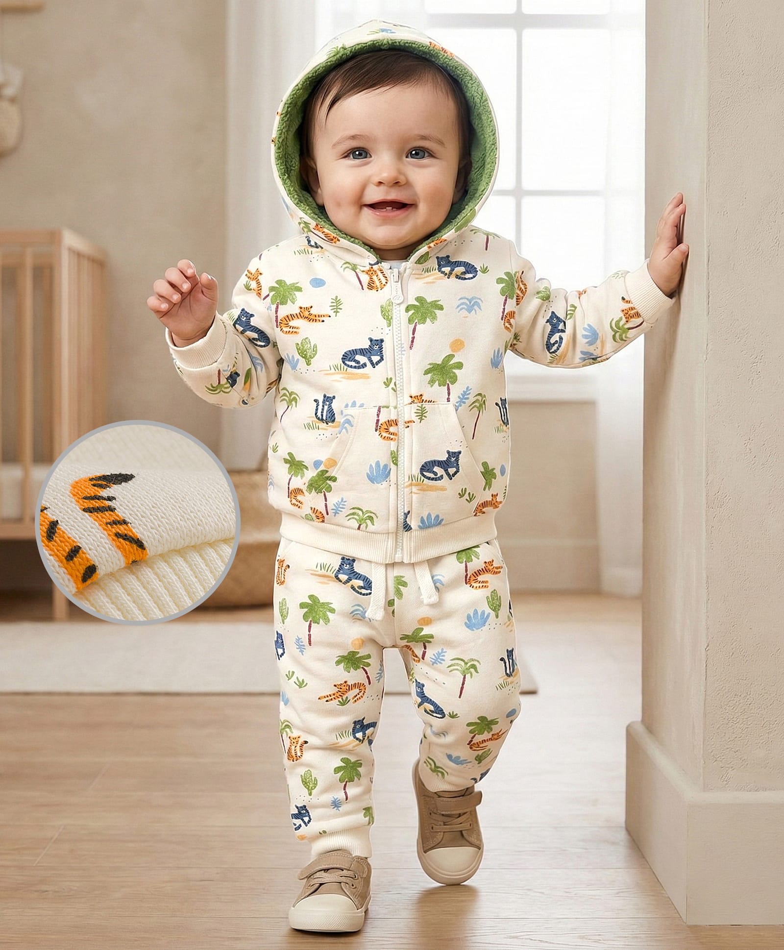 Babyoye Terry Knit Full Sleeves Winter Wear Hooded Jacket & Joggers Set With Animal Print & Kangaroo Pocket - White & Green-image-11