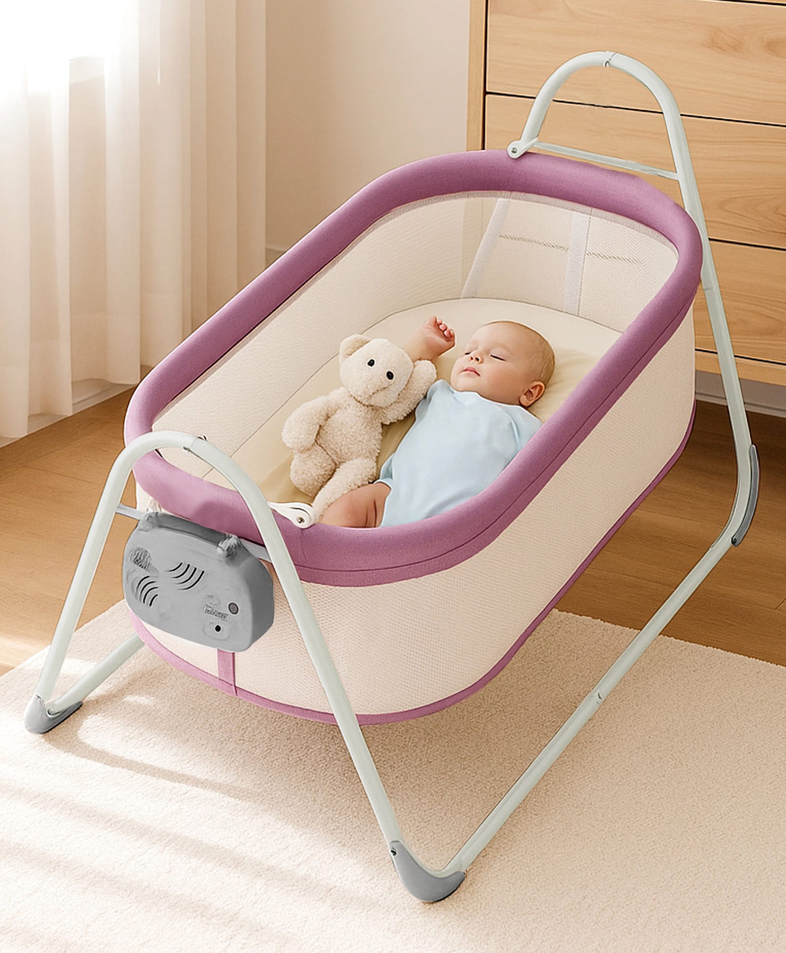 Baby Electronic Auto Swing Cradle with Mosquito Net - Pink| 32 Swing Speeds| Tool Free Assembly| Washable Fabric| Breathable Soft Mattress| Mosquito Net| Mess Sides| Soft Suspension| Rust Resistant-image-10