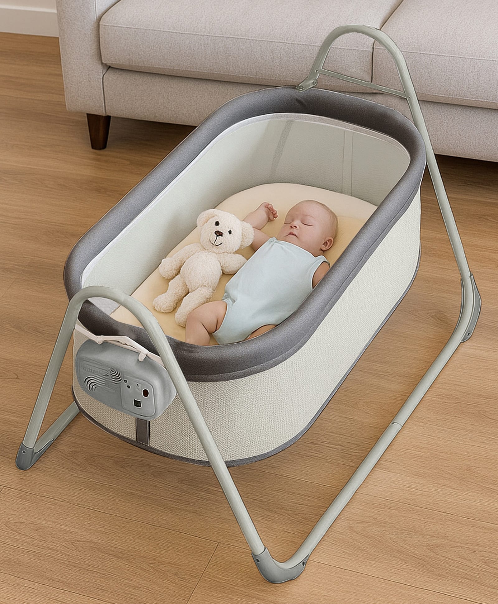 fab n funky Baby Electronic Auto Swing Cradle with Mosquito Net - Grey| 32 Swing Speeds| Tool Free Assembly| Washable Fabric| Breathable Soft Mattress| Mosquito Net| Mess Sides| Soft Suspension| Rust Resistant-picture-35