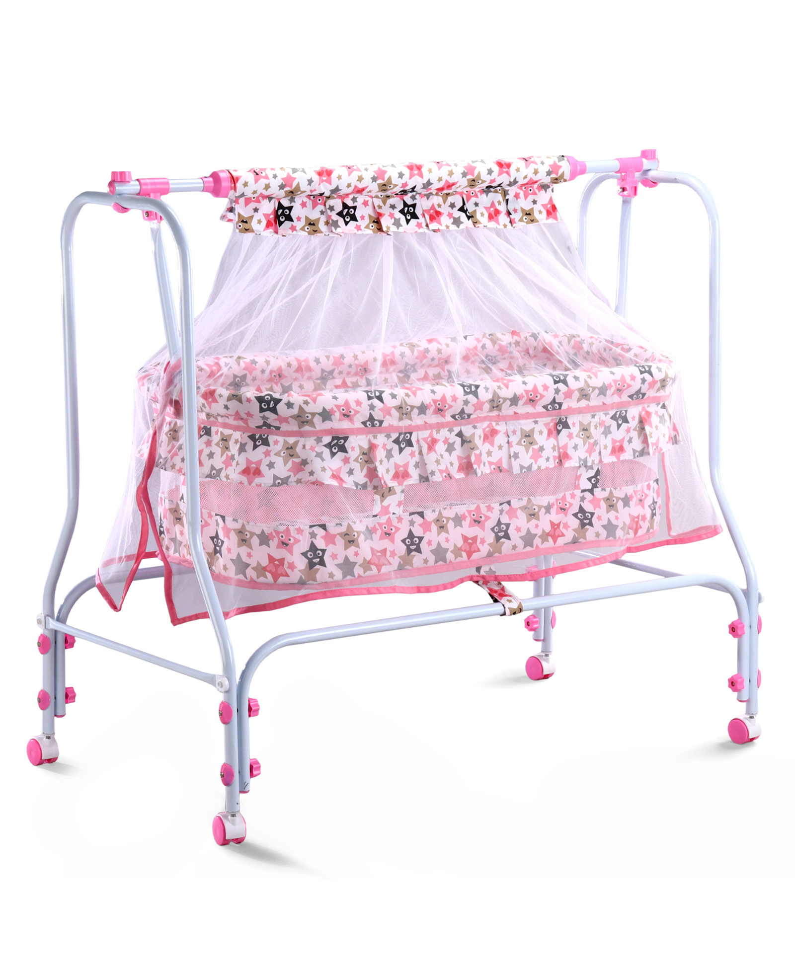 Baby Cradle With Mosquito Net & Storage - Pink