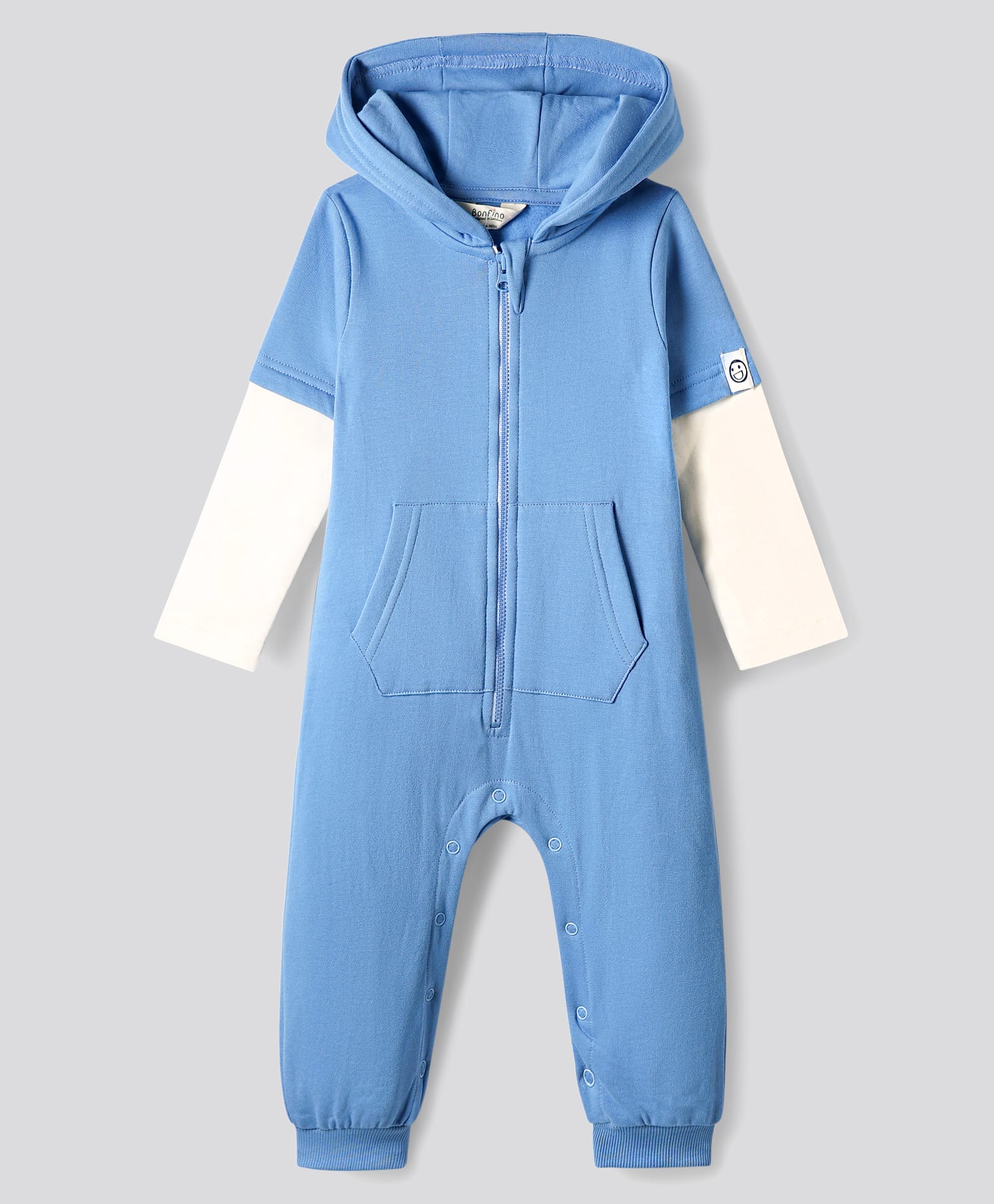 Bonfino 100% Cotton Fleece Knit Full Doctor Sleeves Solid Hooded Romper With Kangaroo Pockets - Blue-image-3
