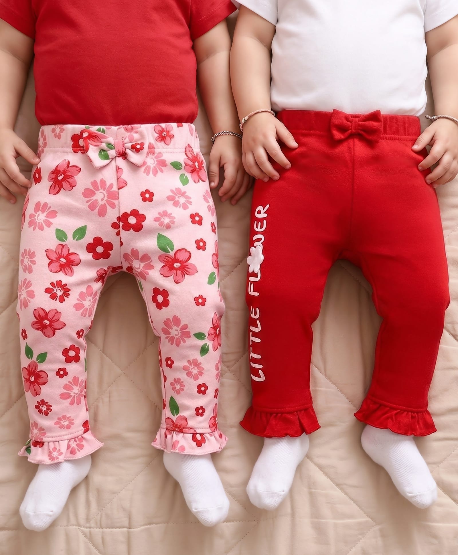 Babyoye 100% Cotton Full Length Floral Printed Leggings With Eco Jiva Finish & Bow Applique Pack Of 2 - Pink & Red-picture-20